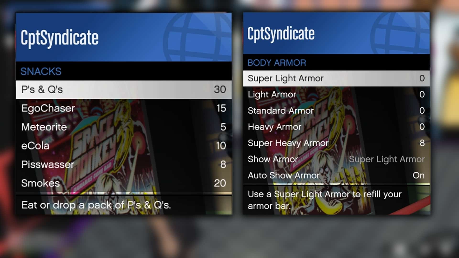 Snacks and Armor Interaction Menu
