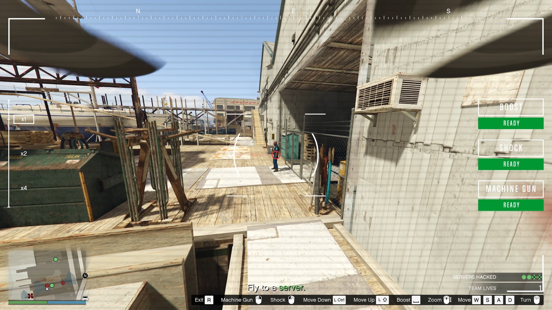 The guard outside the warehouse with the server by the back wall.