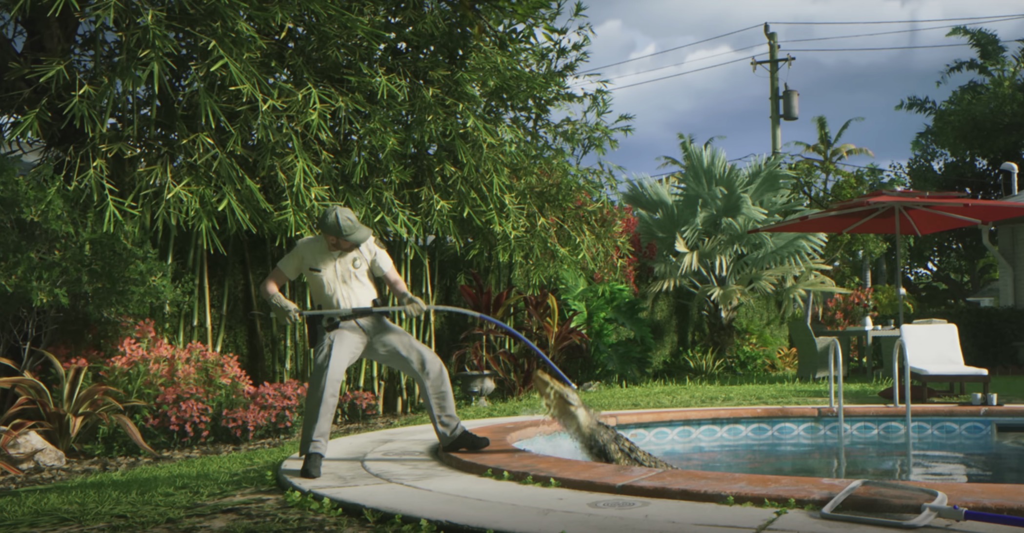 Animal control removing an alligator from a residential pool.