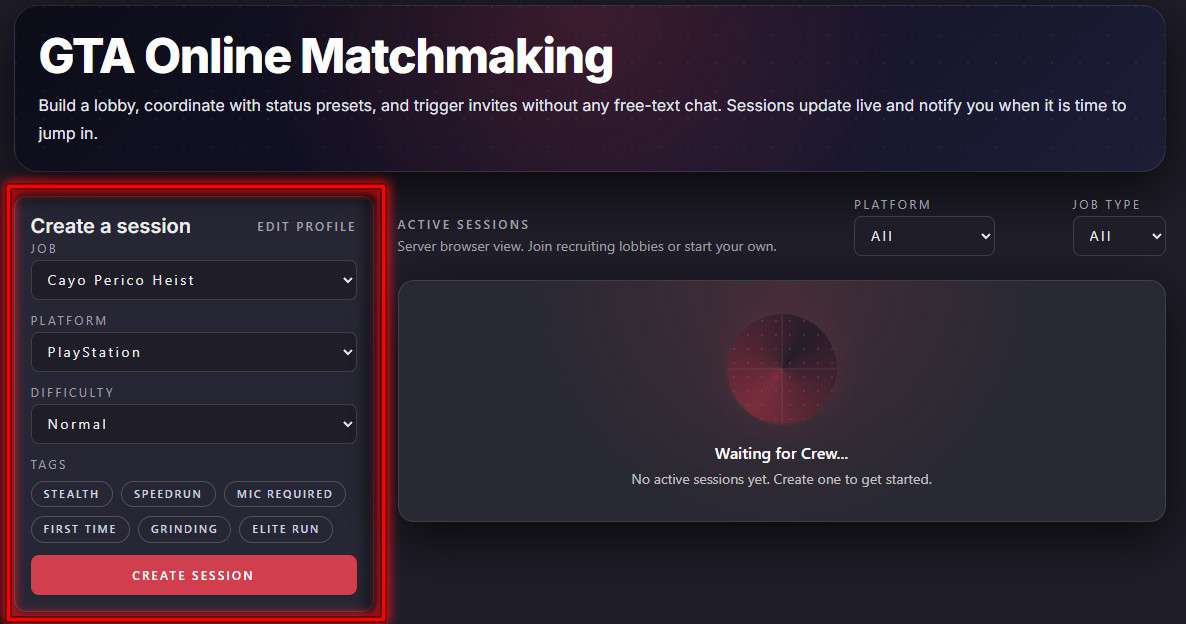 After setting your parameters, click on the 'create session' button.