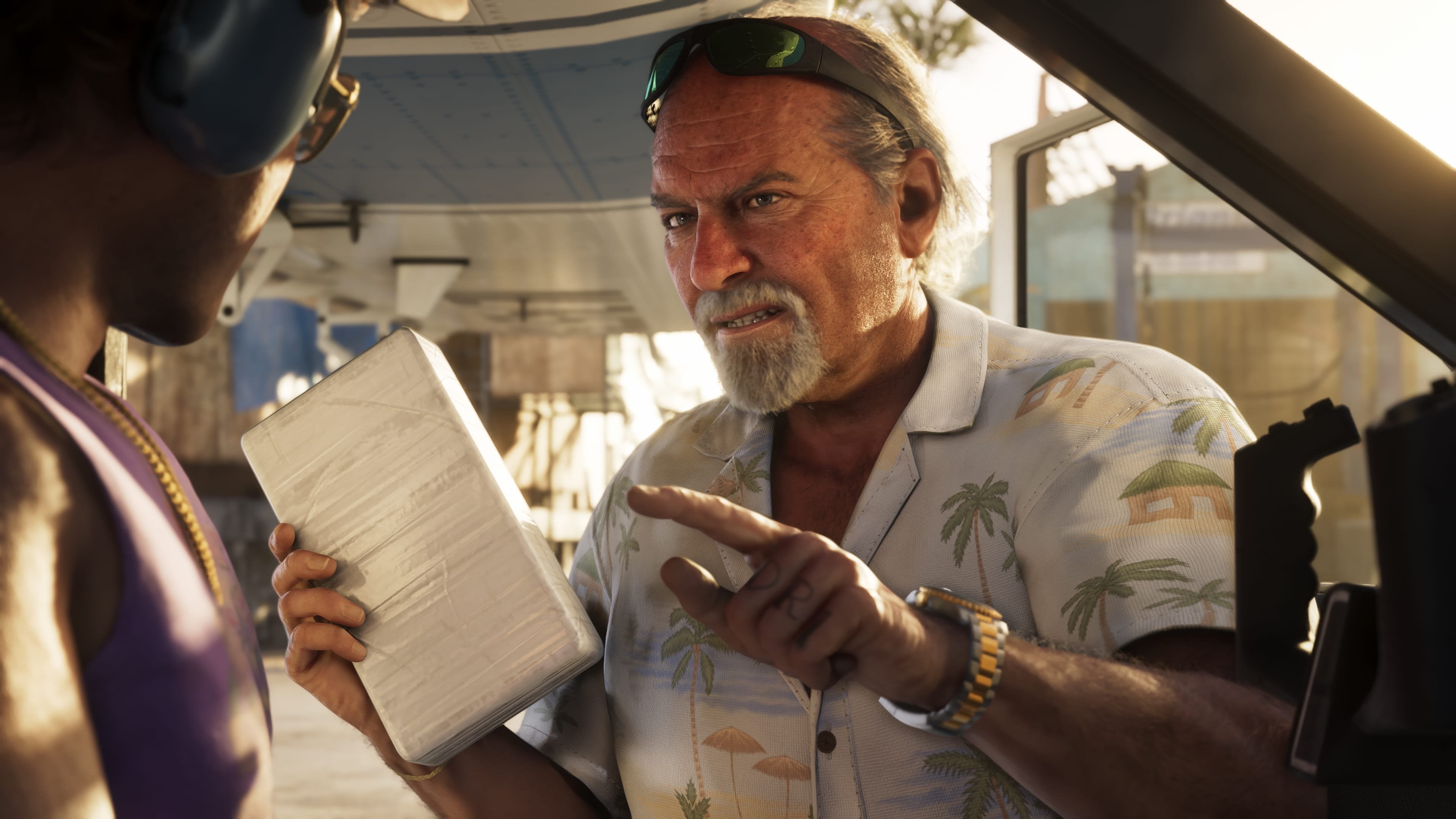 Brian talking to an unnamed character while holding a bag of unidentified material.