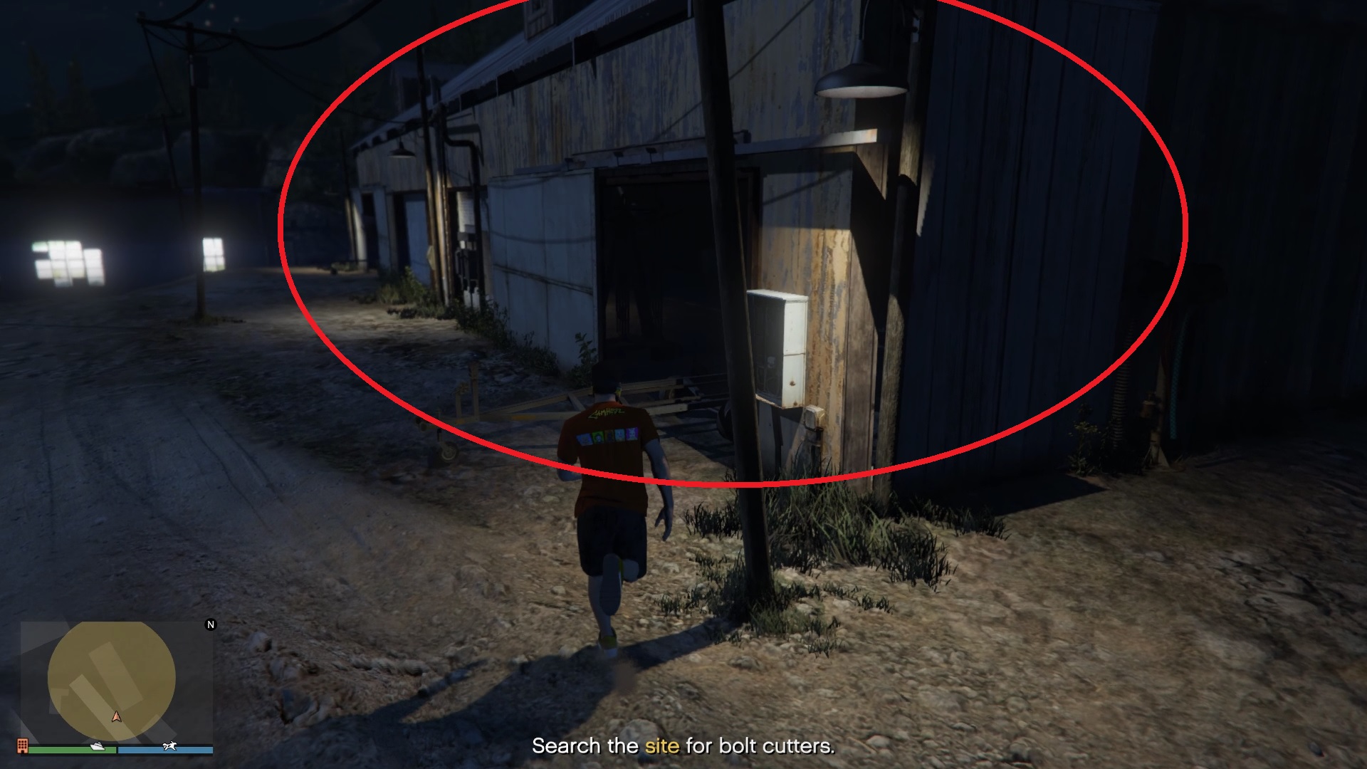 The warehouse with the bolt cutters for us. The majority of the highlighted circle is covering it on the minimap.
