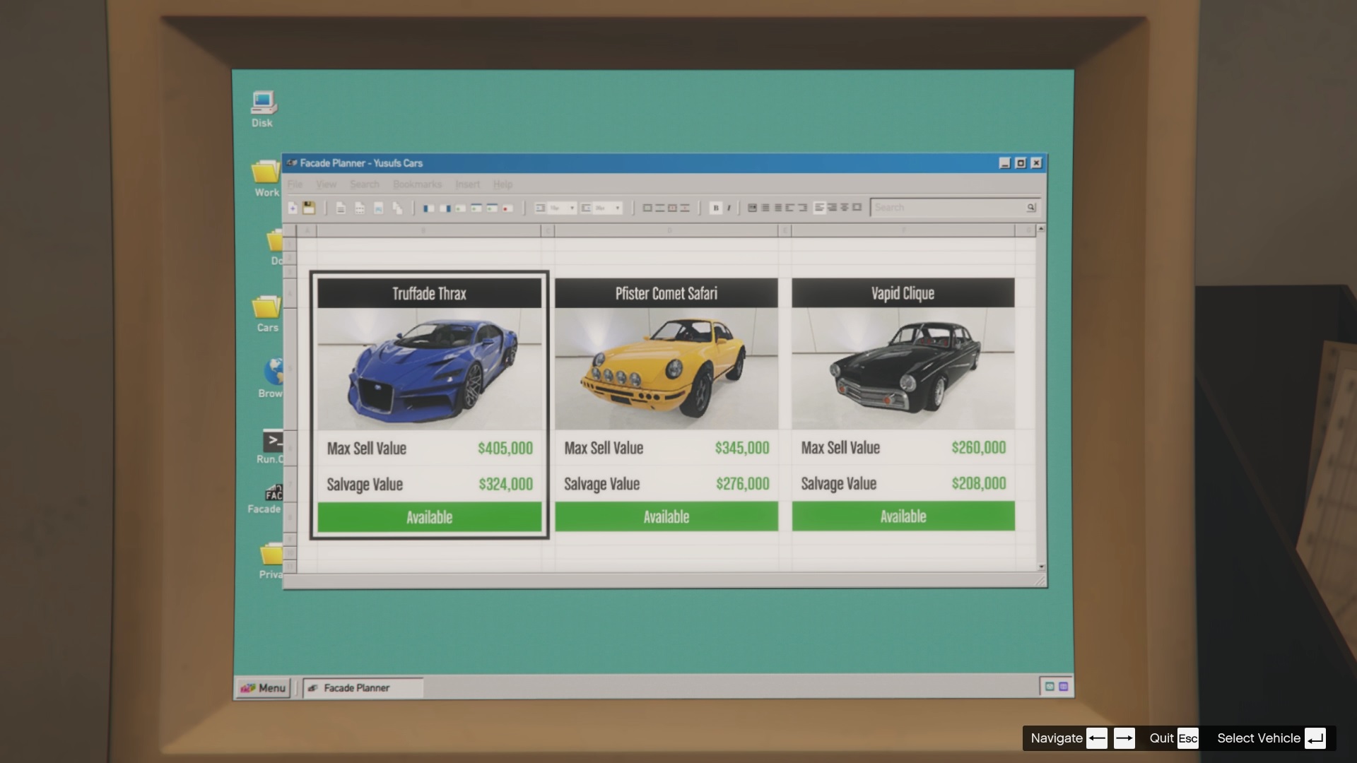 You can select which car you want to steal from the planning computer.