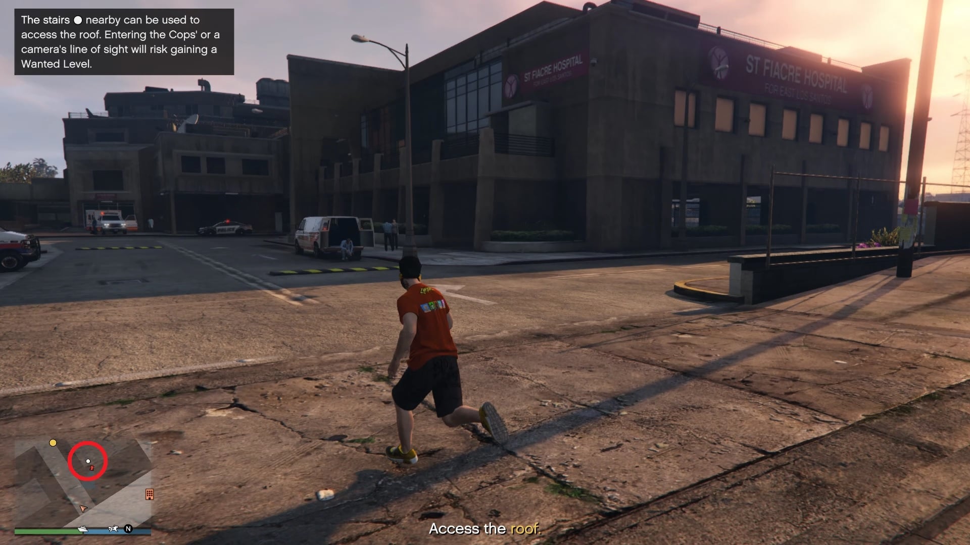 At the location, look for a white dot on your minimap. This is usually the access point you need to get to the rooftops.