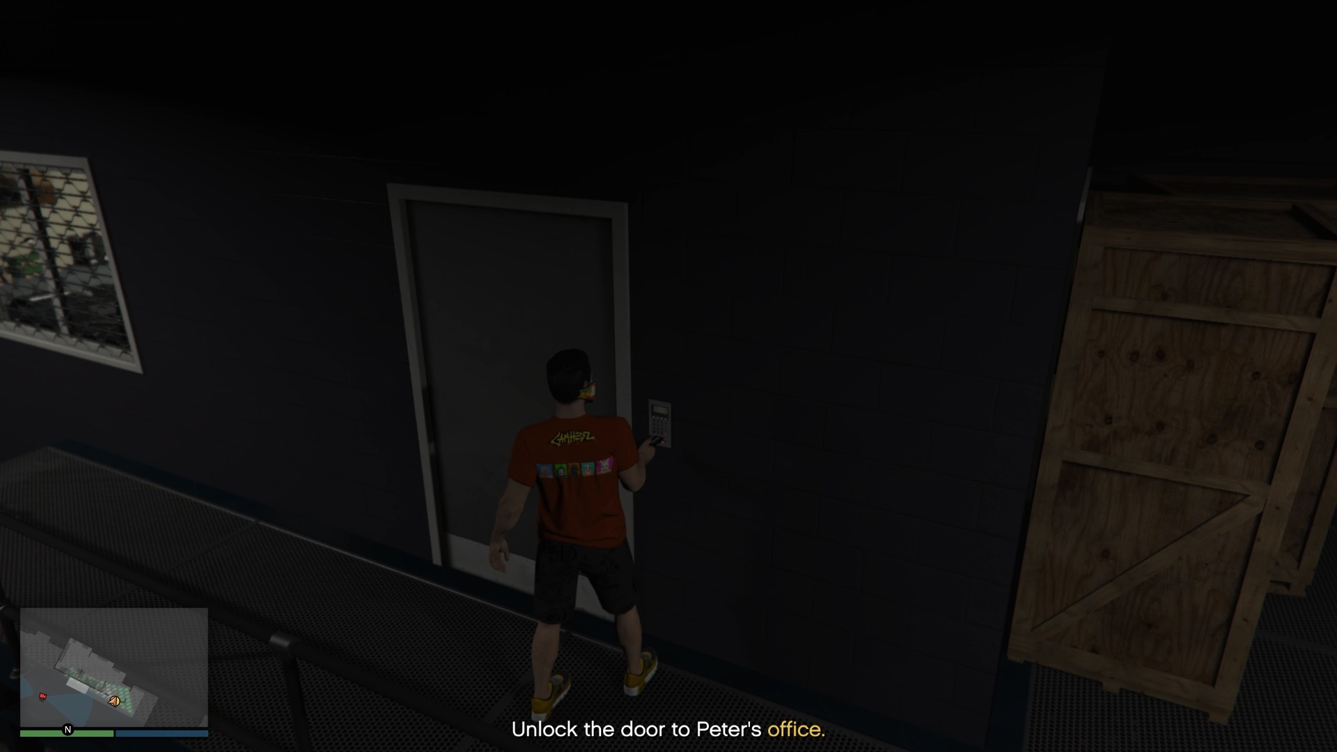 Using the keycard to enter Peter's office.