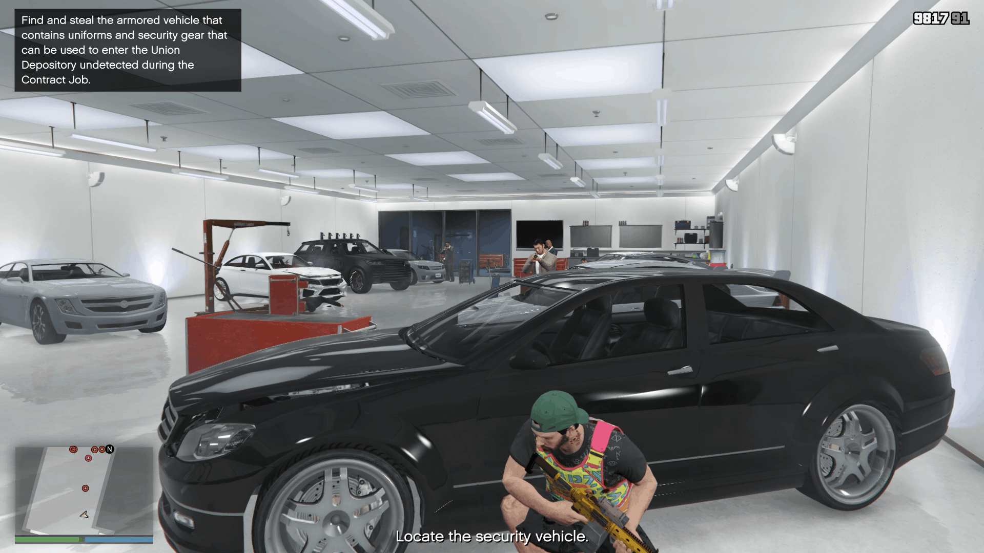 Taking cover behind the car in the garage