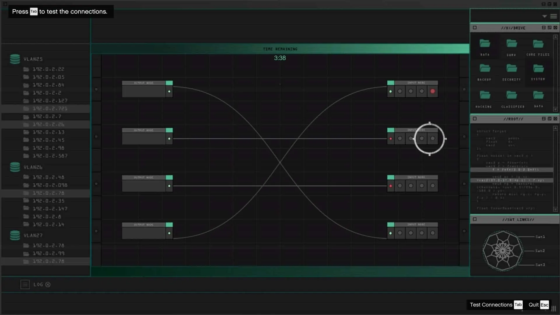 Hacking the server by matching nodes (one of the correct combinations shown)
