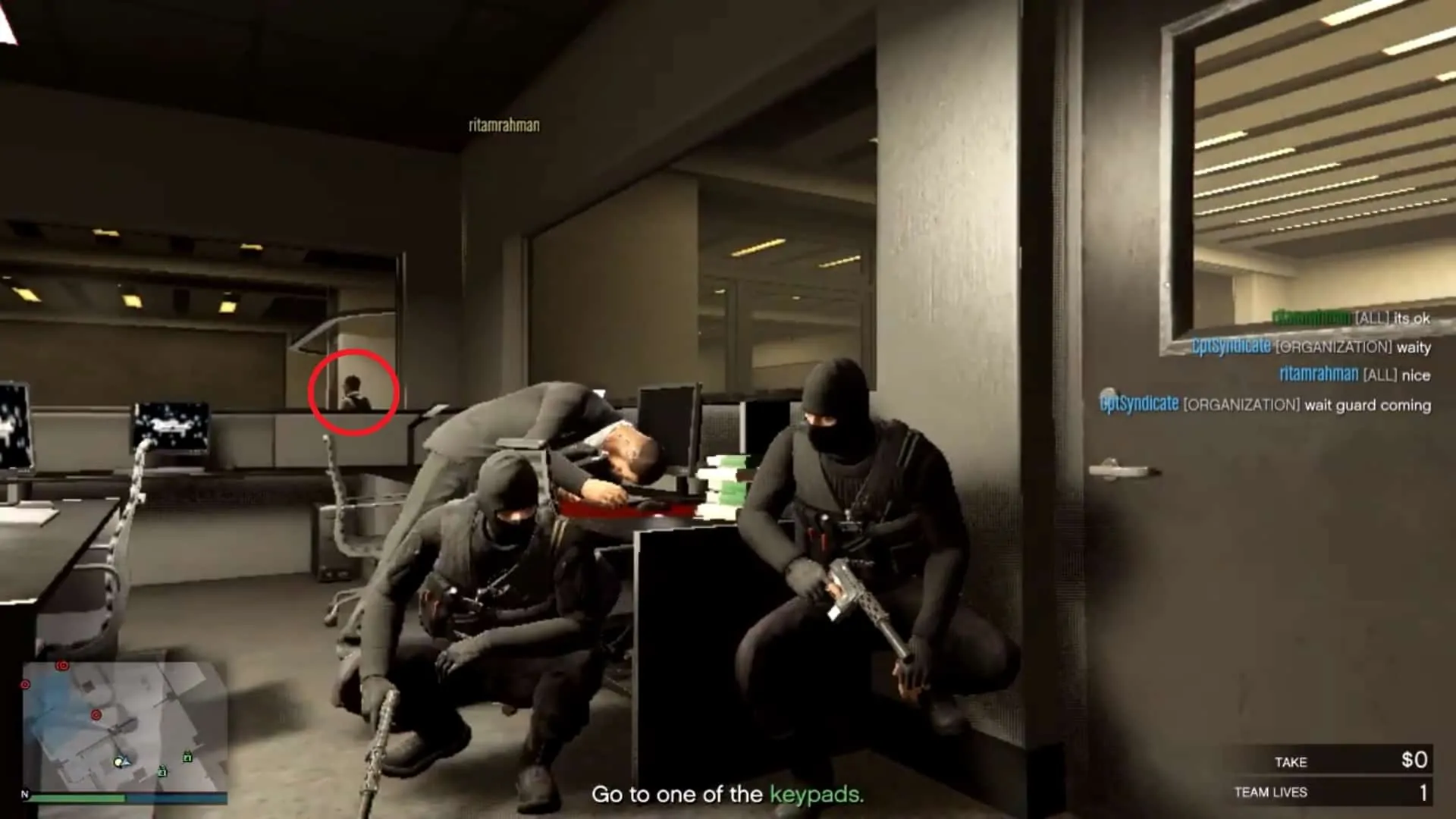 Taking cover in the security room while the guard passes by