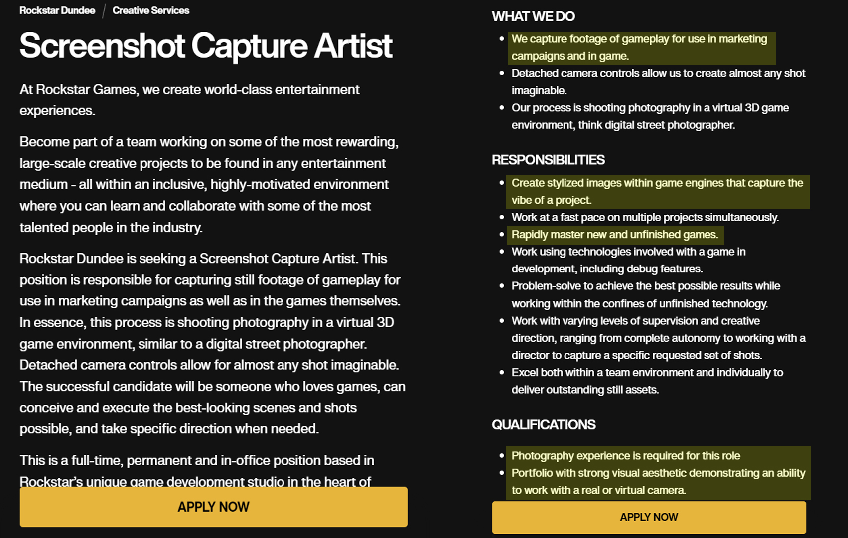 The job posting on the official Rockstar Games' website.