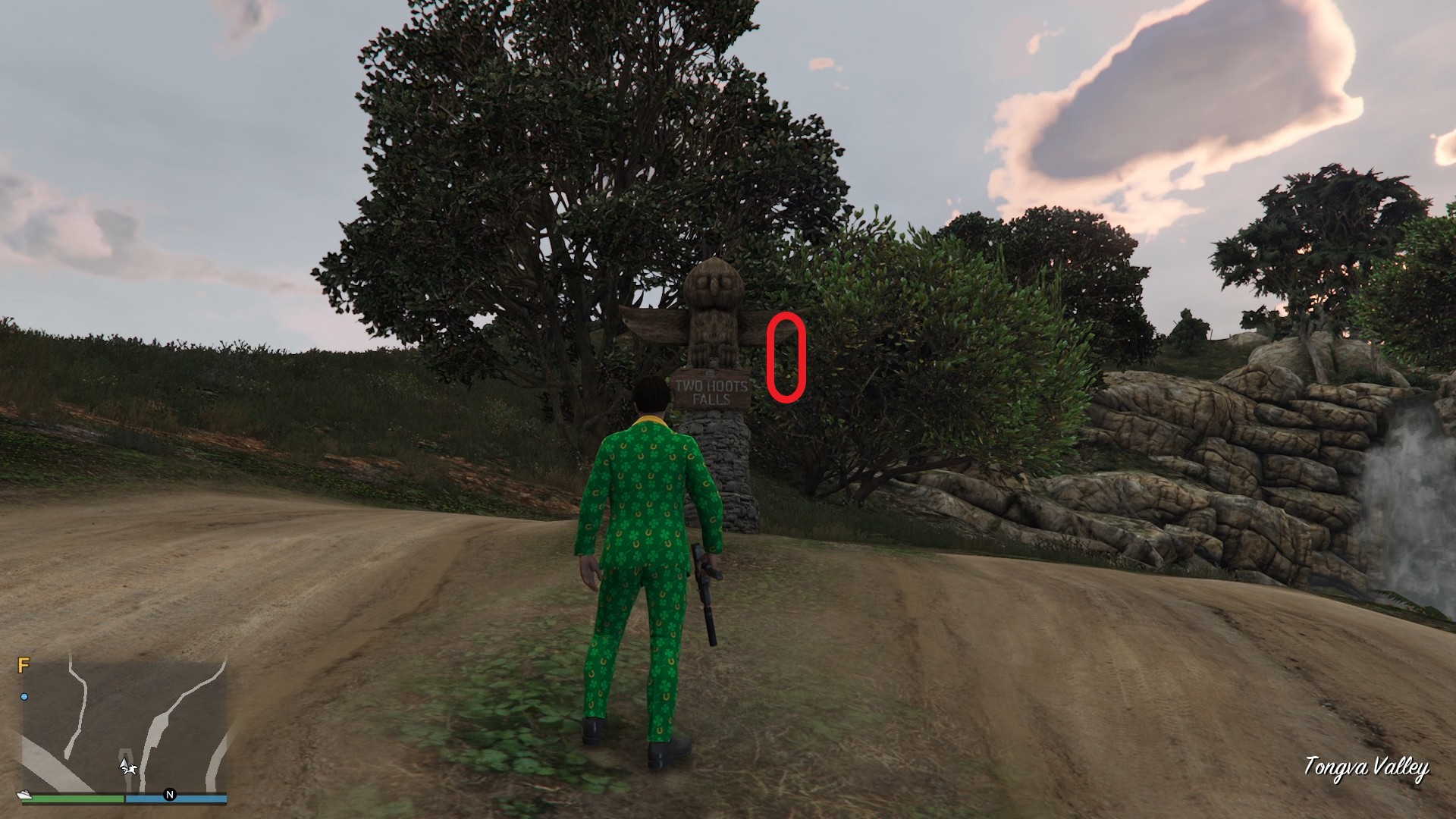 The golden clover will be hanging on the wing of the Two Hoots Falls statue in Tongva Valley.