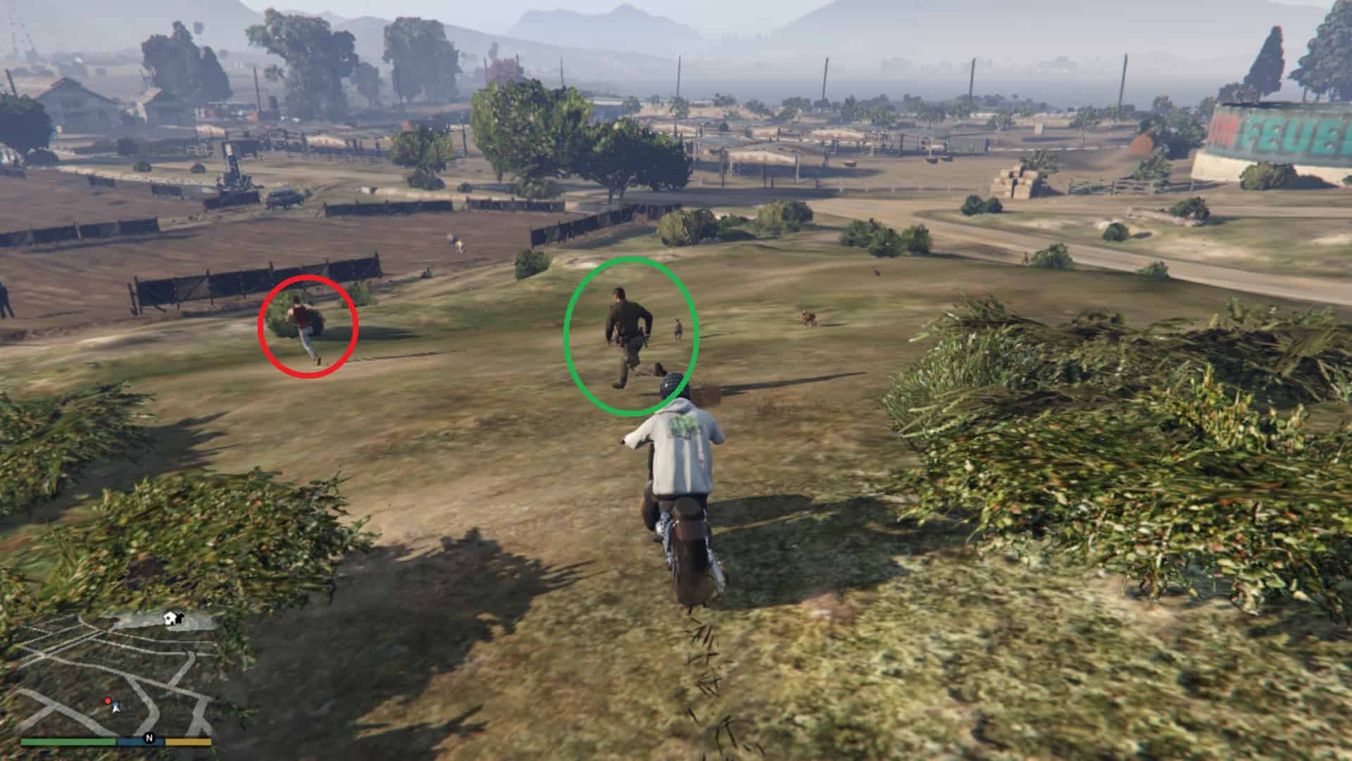 Cop (circled in Green) chasing the Criminal (circled in Red) across the far