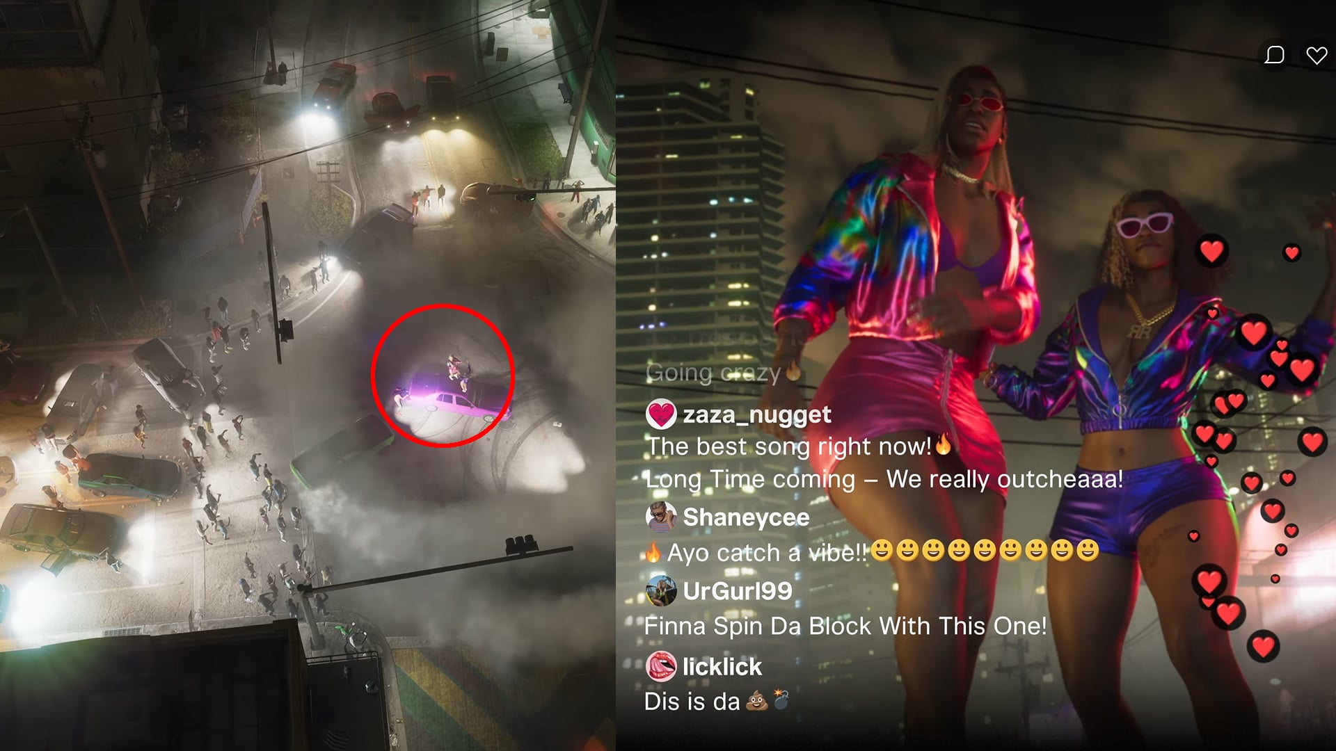 The influencers seen on the right are the same ones we see on the car from a drone shot on the left.