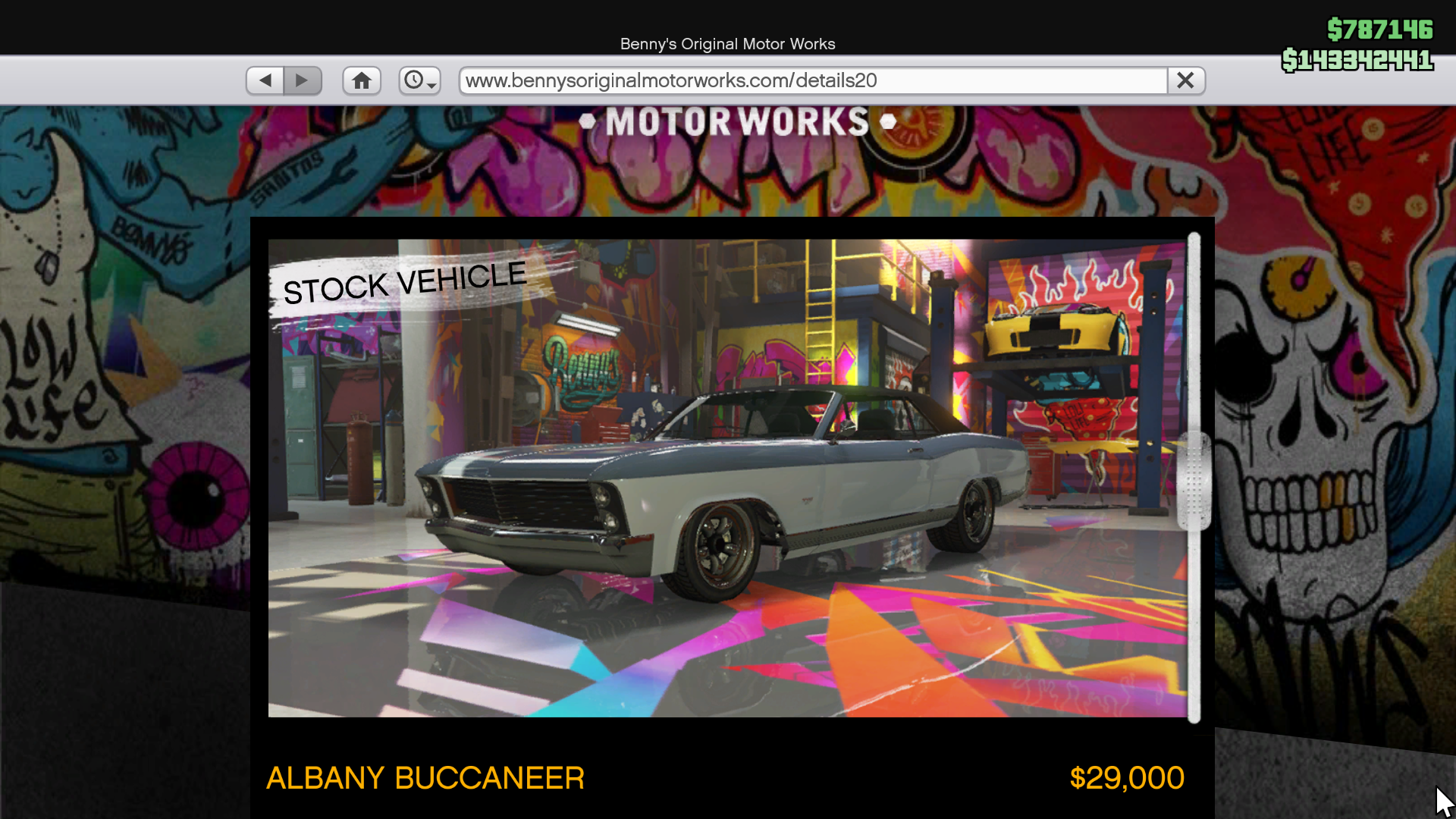 The base version of Albany Buccaneer for sale on Benny's Original Motor Works website in GTA Online.