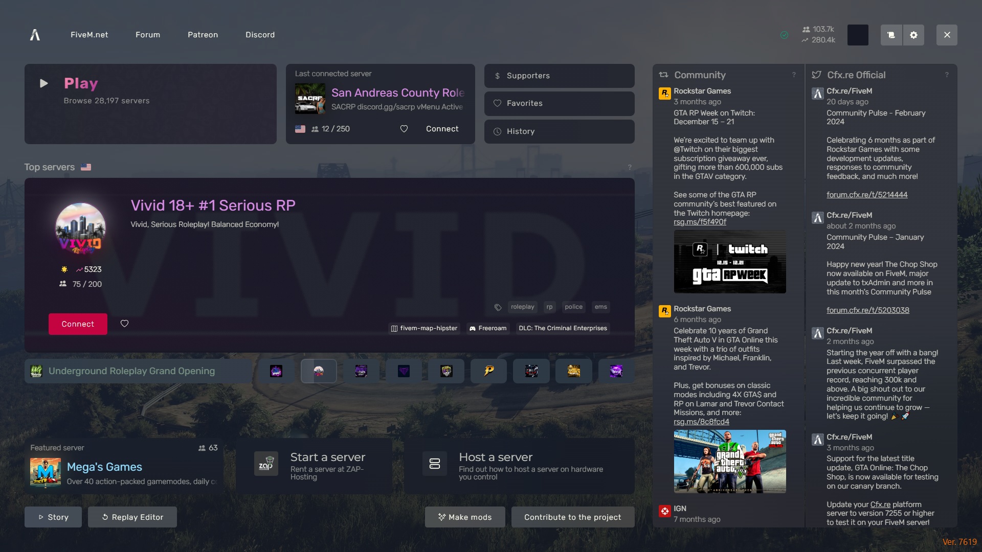 FiveM application home page.