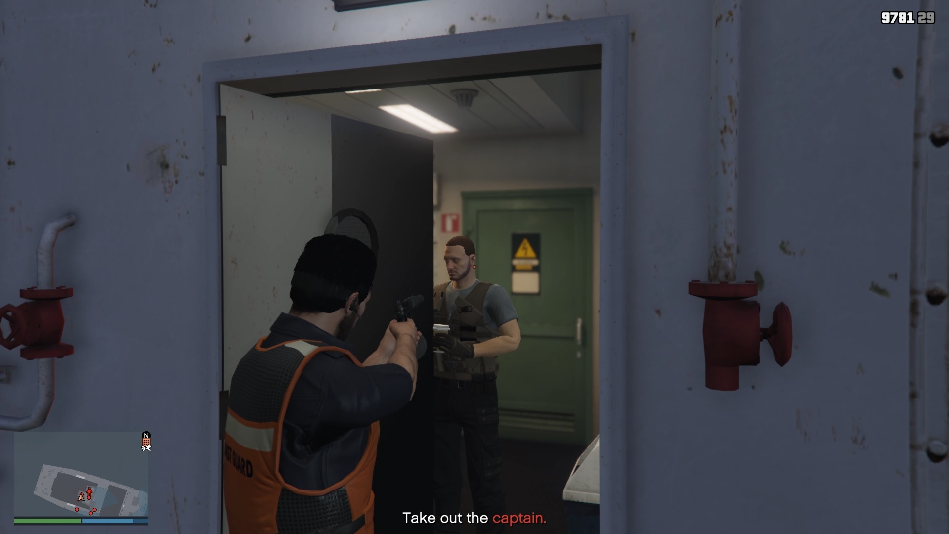 As soon as the door opens, take out the guard right before you.