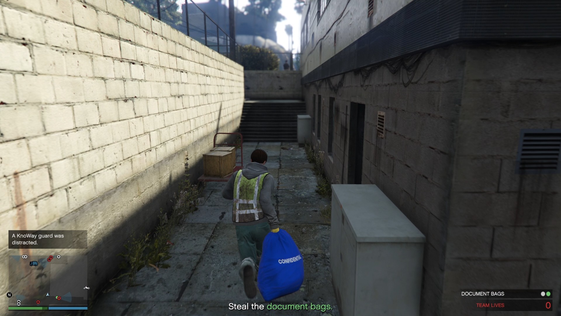 Collecting the document bag from the alleyway.