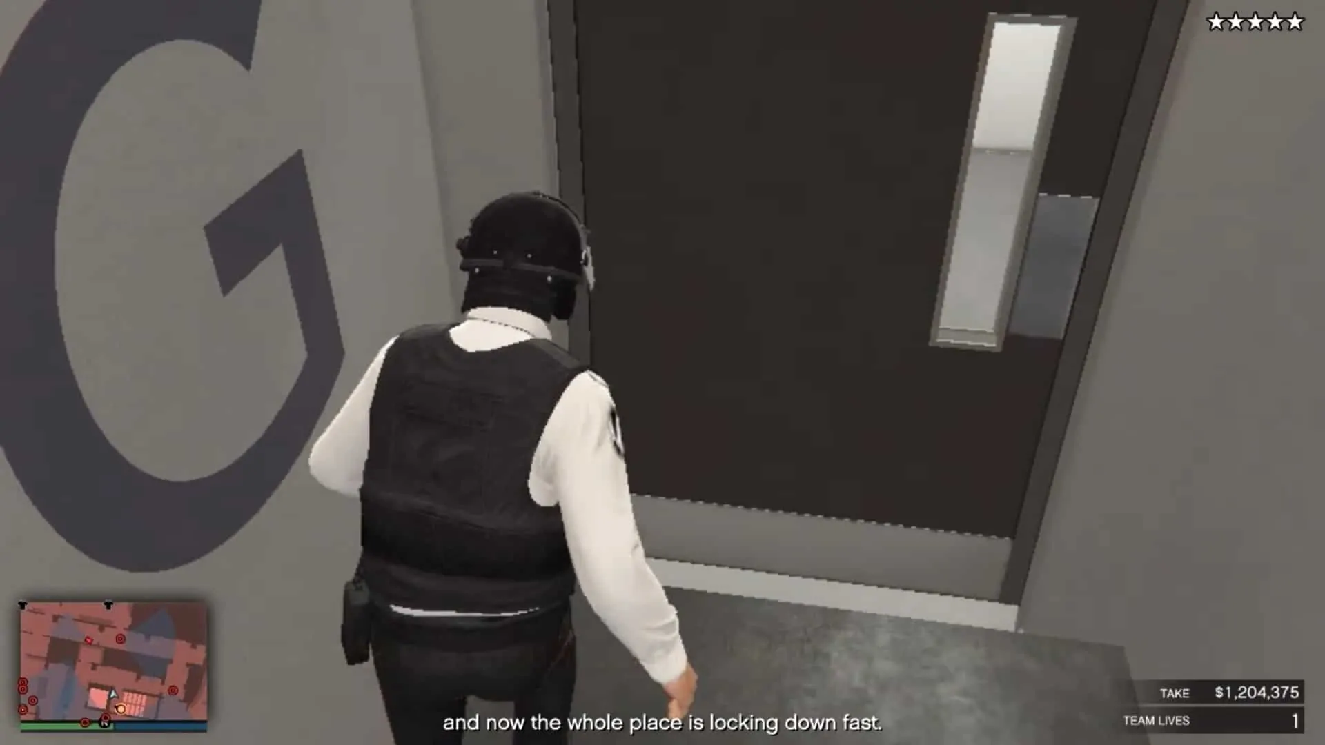 The top of the staircase. Not going through the door.