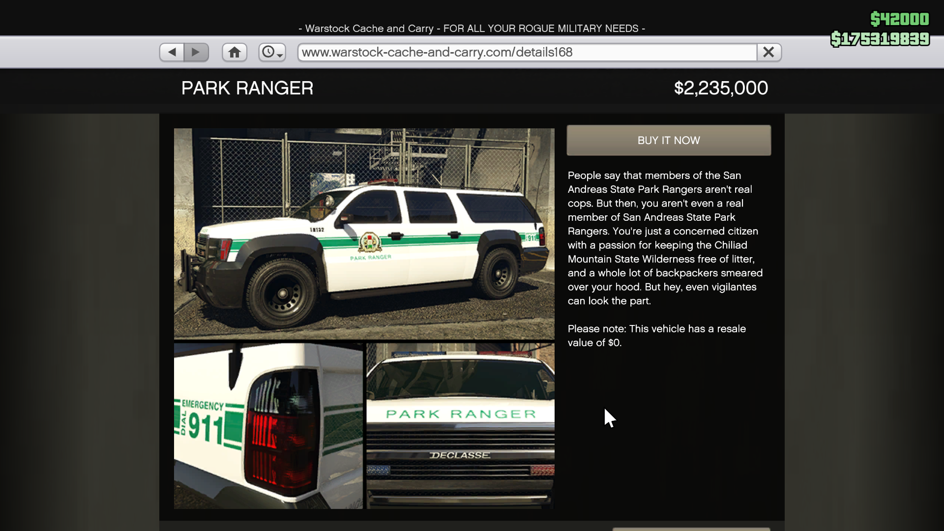 Park Ranger vehicle on Warstock Cache & Carry.