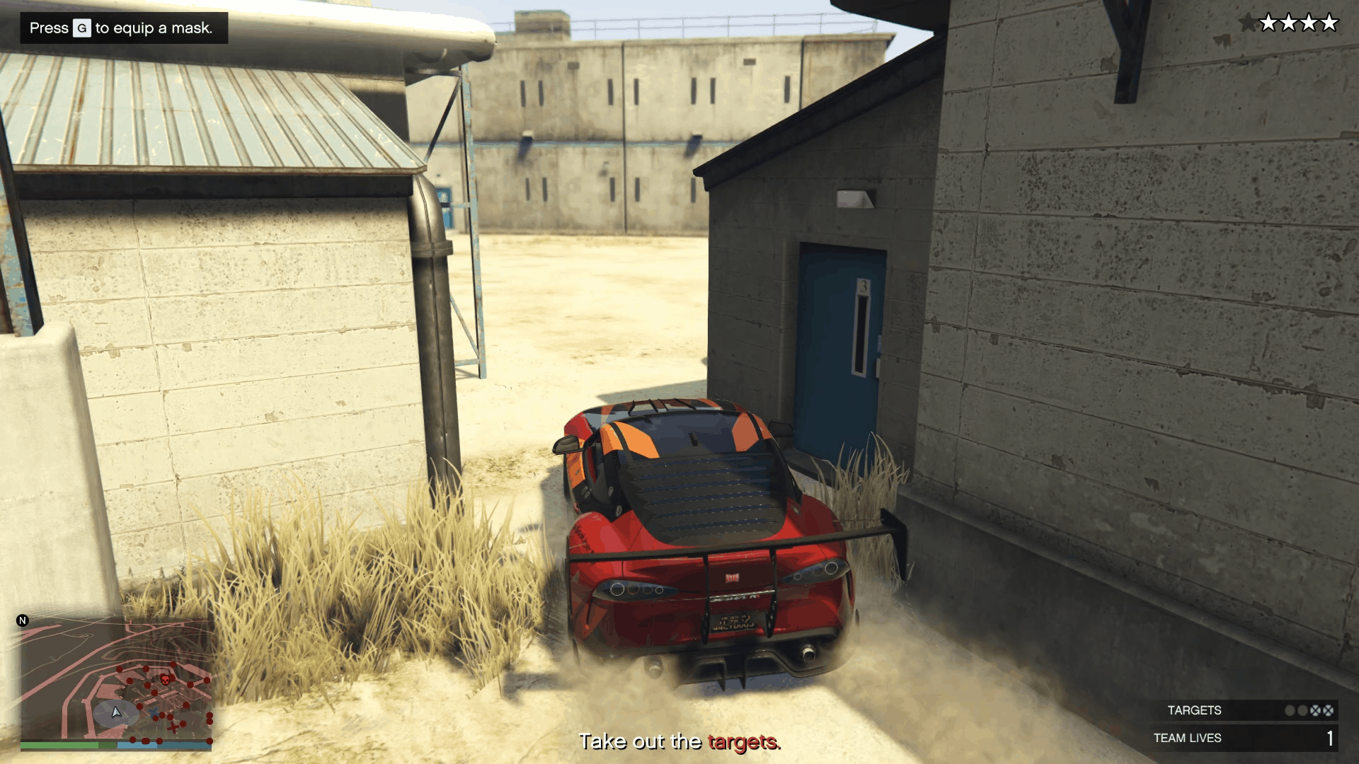 Go through the buildings and onto the other side