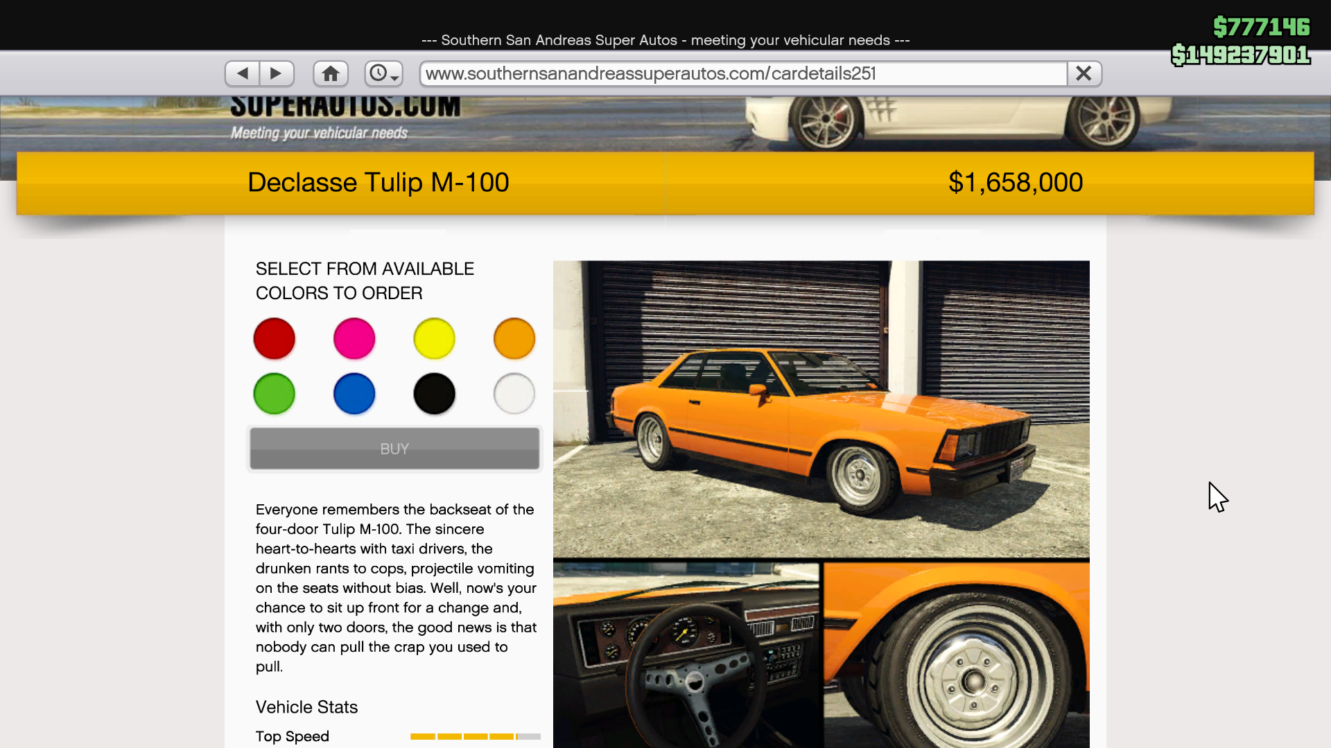 The Declasse Tulip M-100 2-Door Coupe on sale on the Southern San Andreas Super Autos website in GTA Online.
