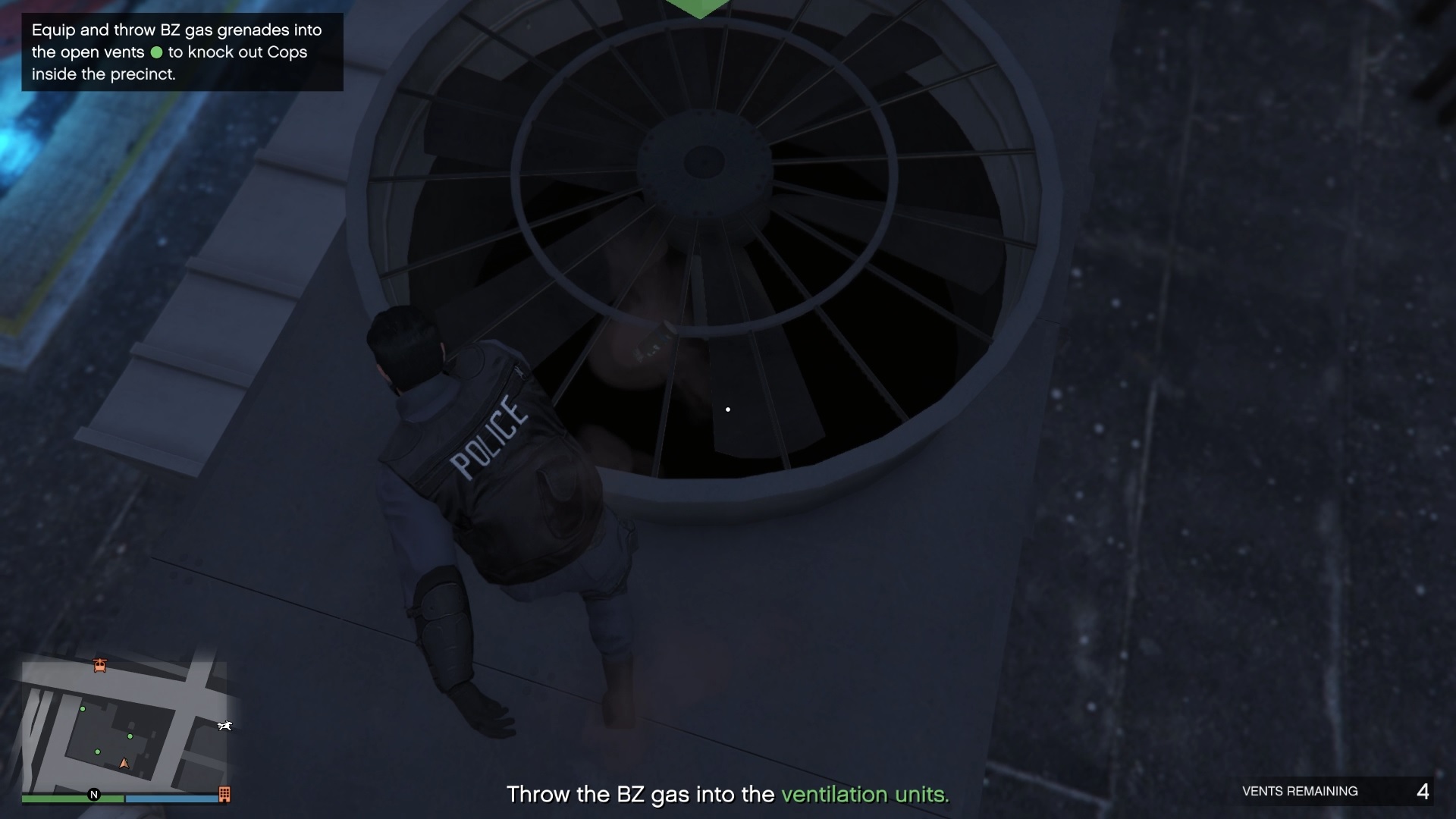 It is easier to aim directly down at the vents and throw the gas grenade.