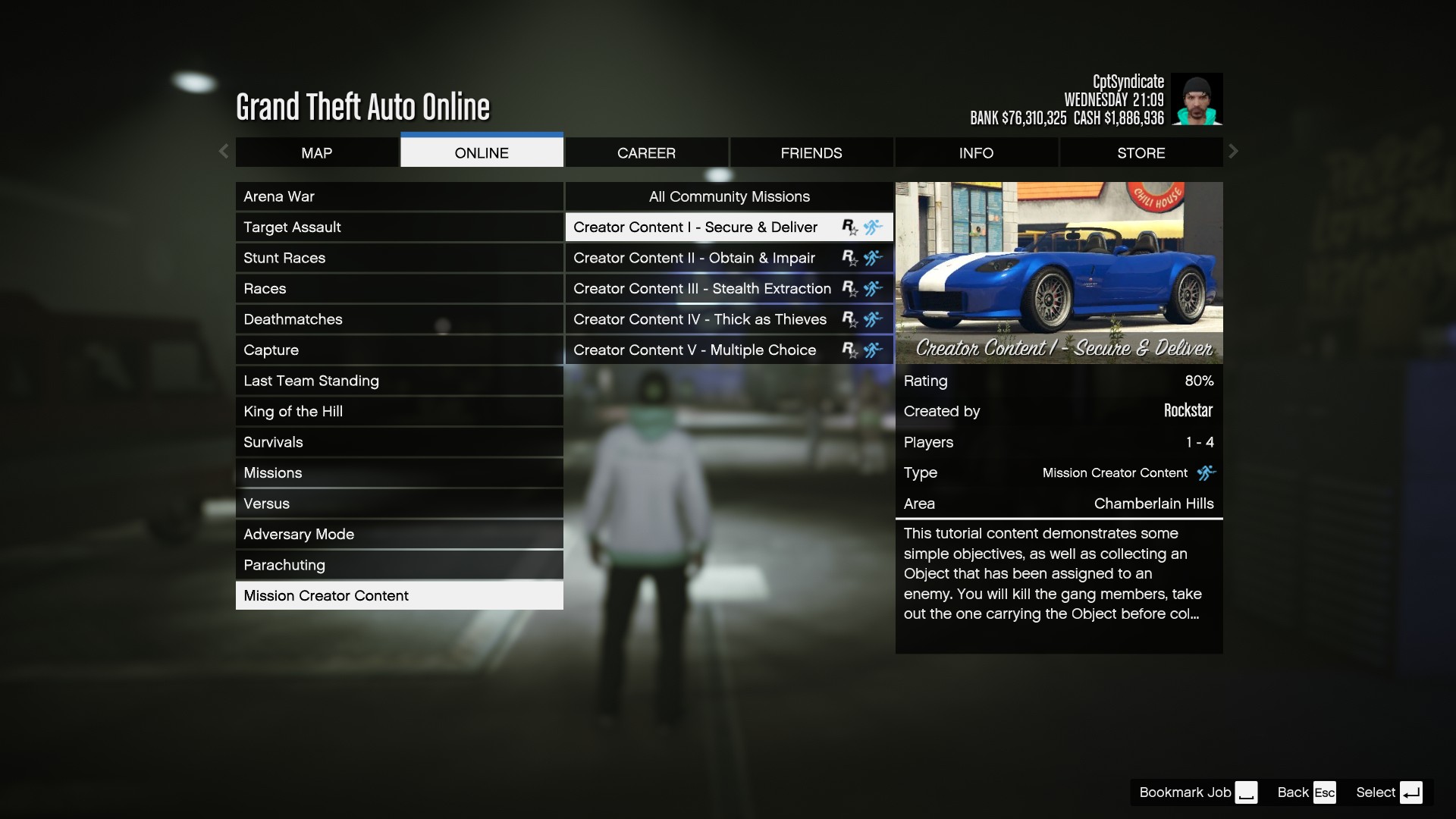 You can play the example missions by navigating to Rockstar-created jobs and Mission Creator Content.