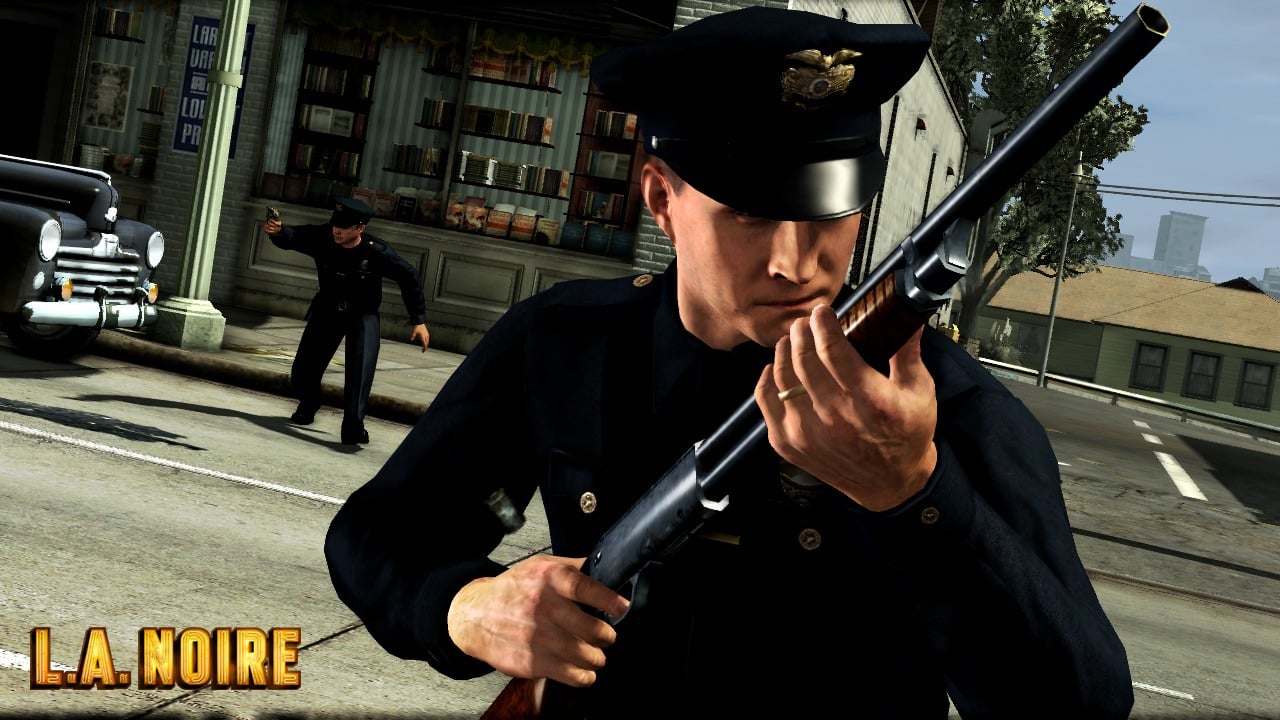 Official L.A. Noire screenshot showing the police officers with weapons (a pistol and a shotgun).