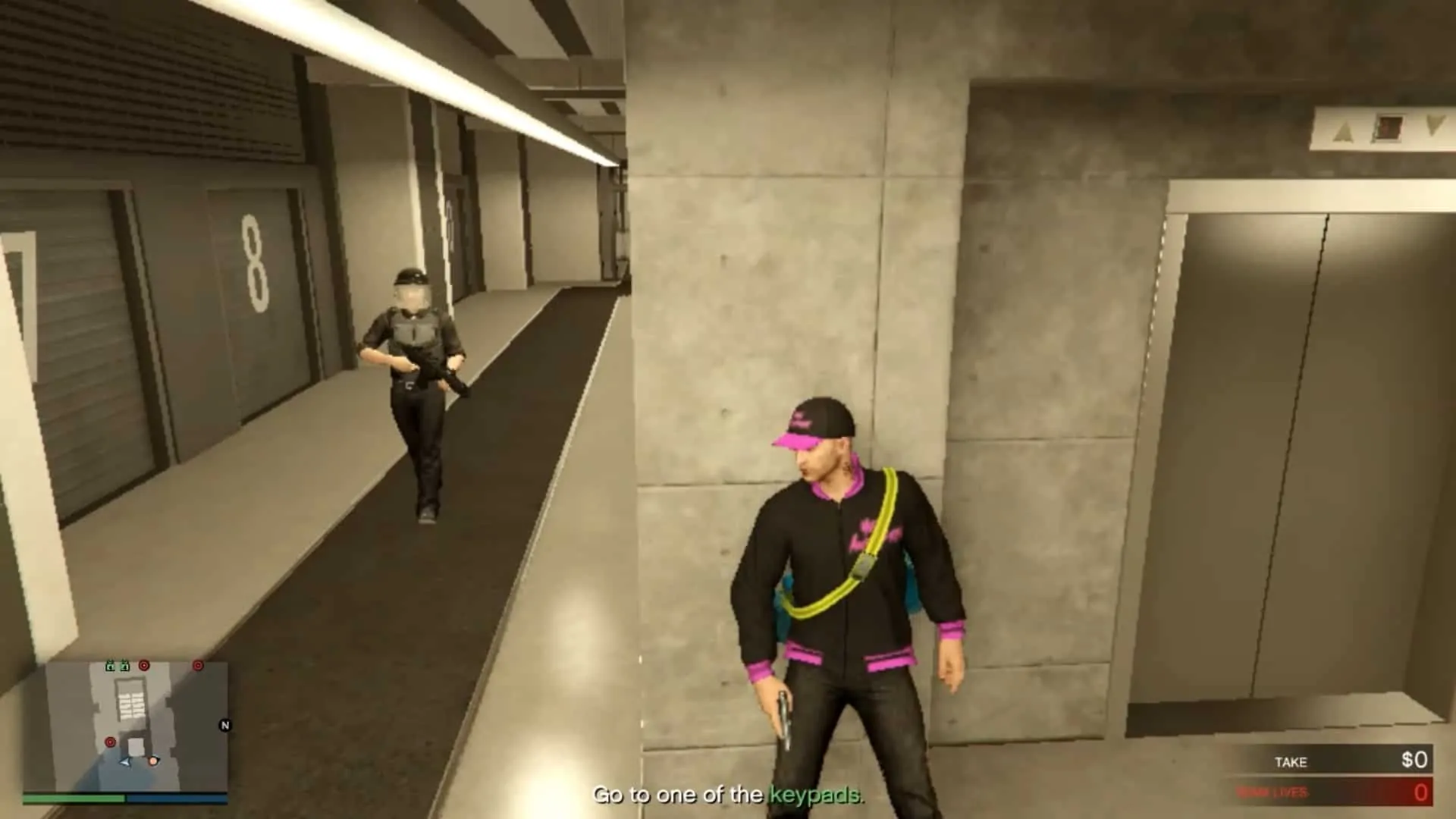 Guard coming towards the player from the left hand side of the elevator