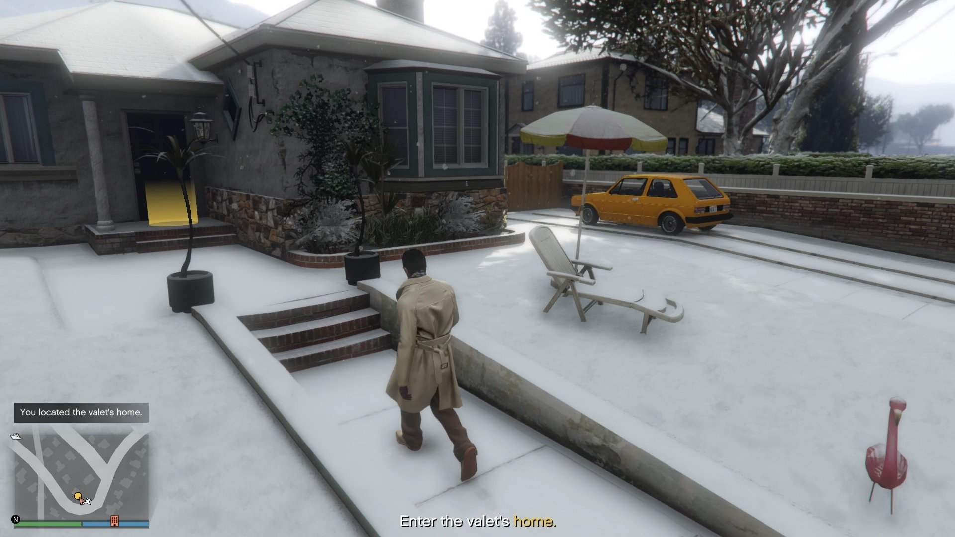 You can find the valet's house by finding a small yellow car parked outside in the garage driveway.