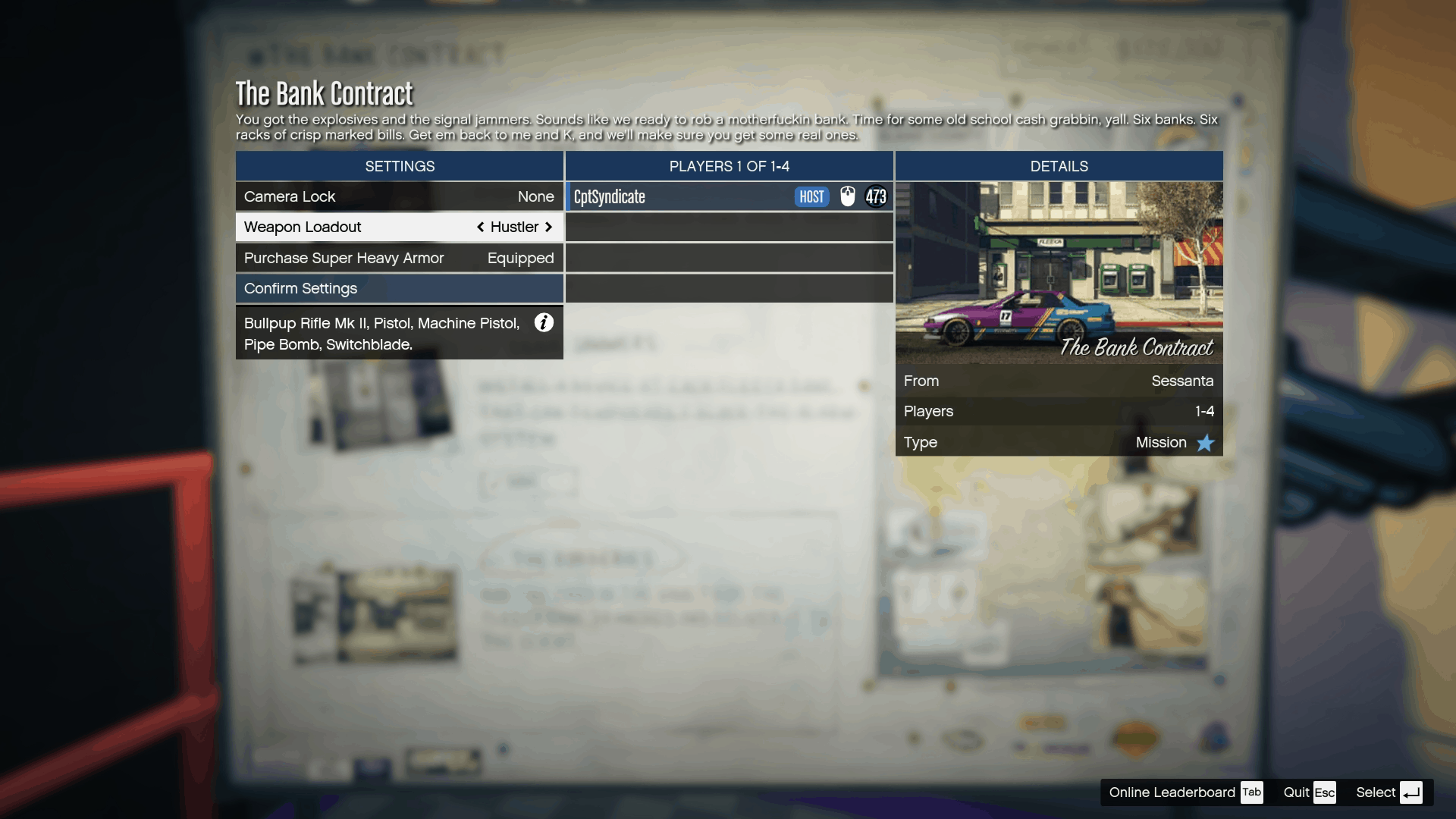 Selecting the 'Hustler' weapon loadout