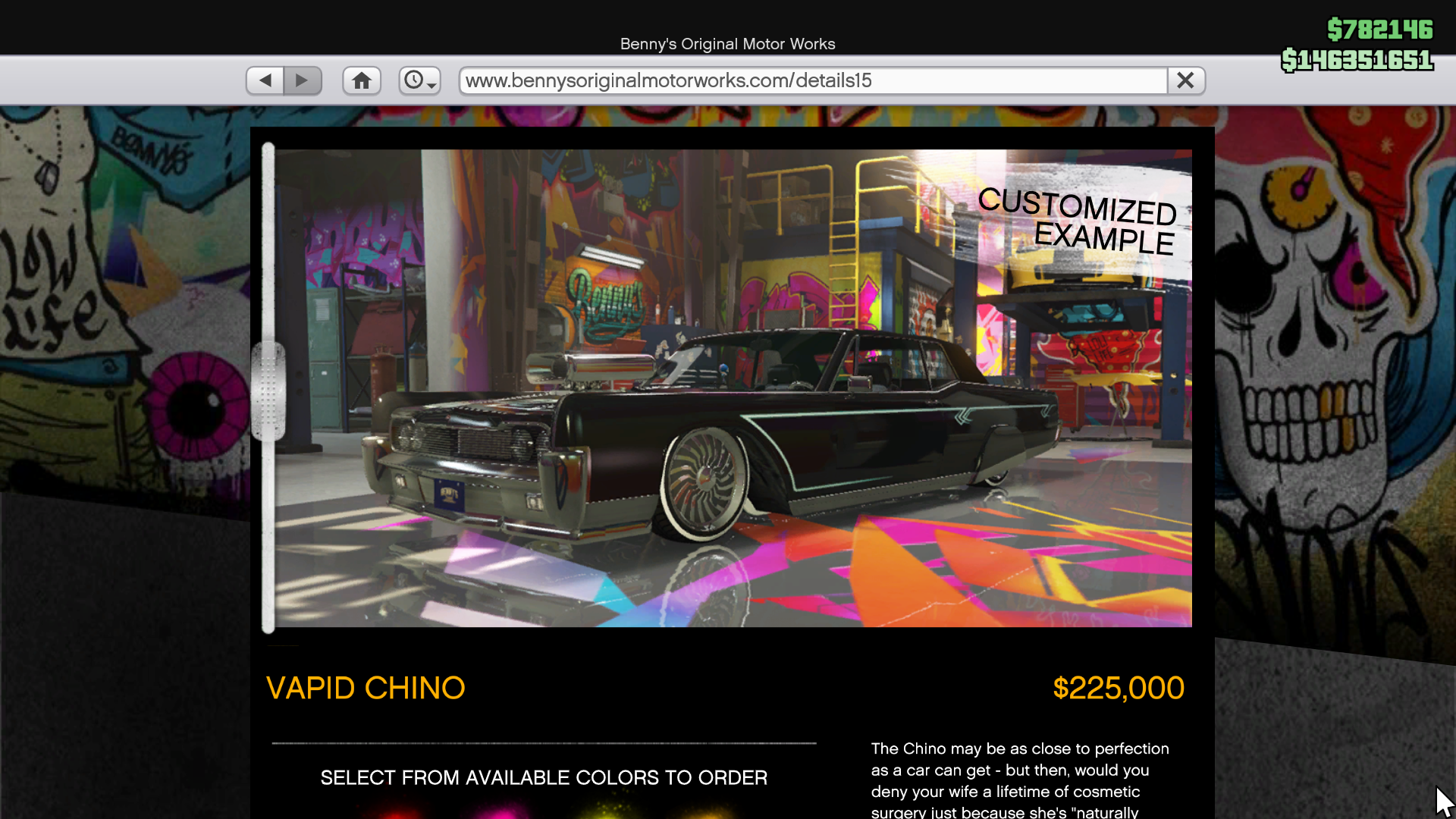 Vapid Chino Custom variant on sale on Benny's Original Motor Works website in GTA Online.
