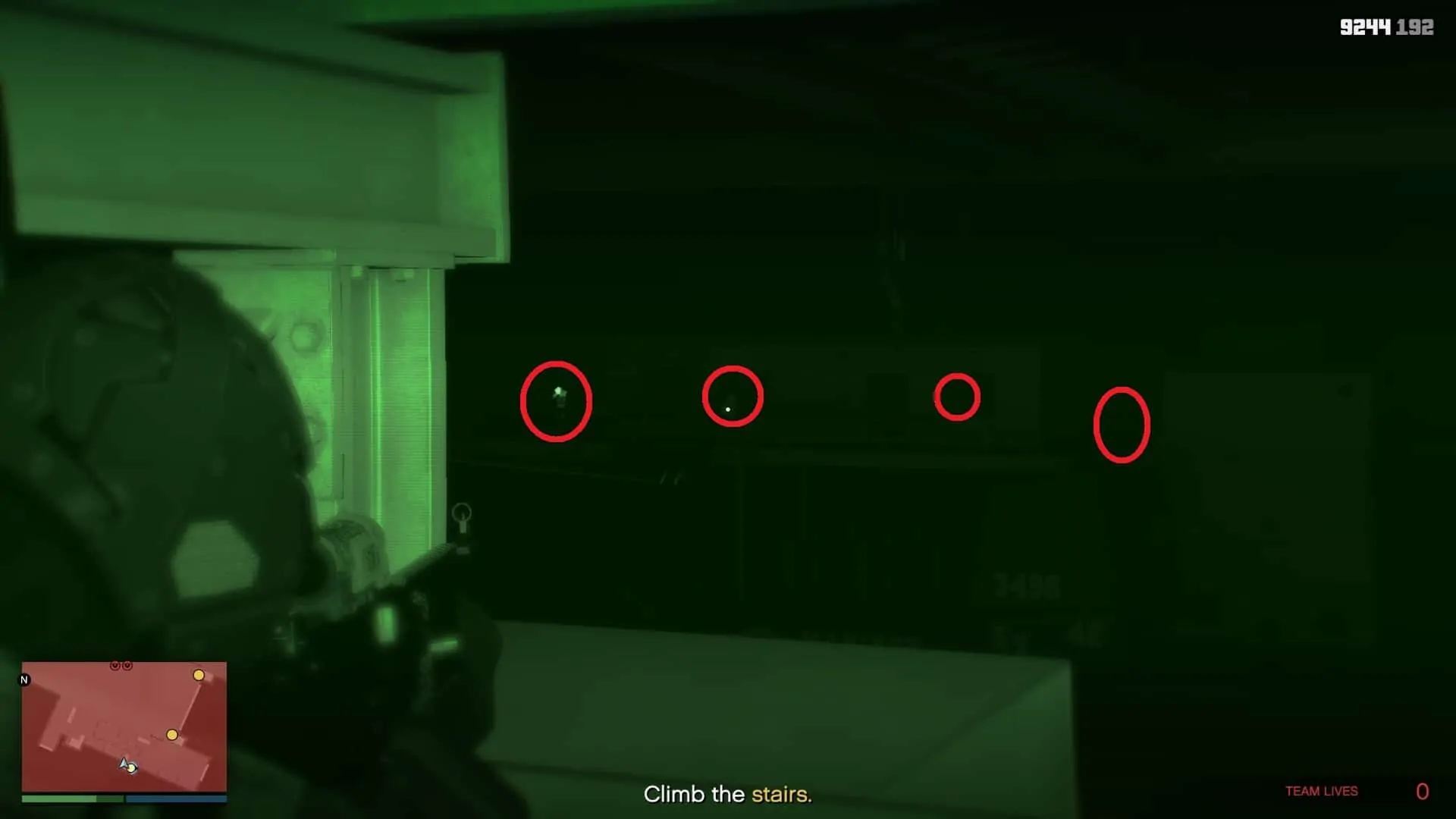 Four enemy locations across the hangar on the other side while moving upstairs