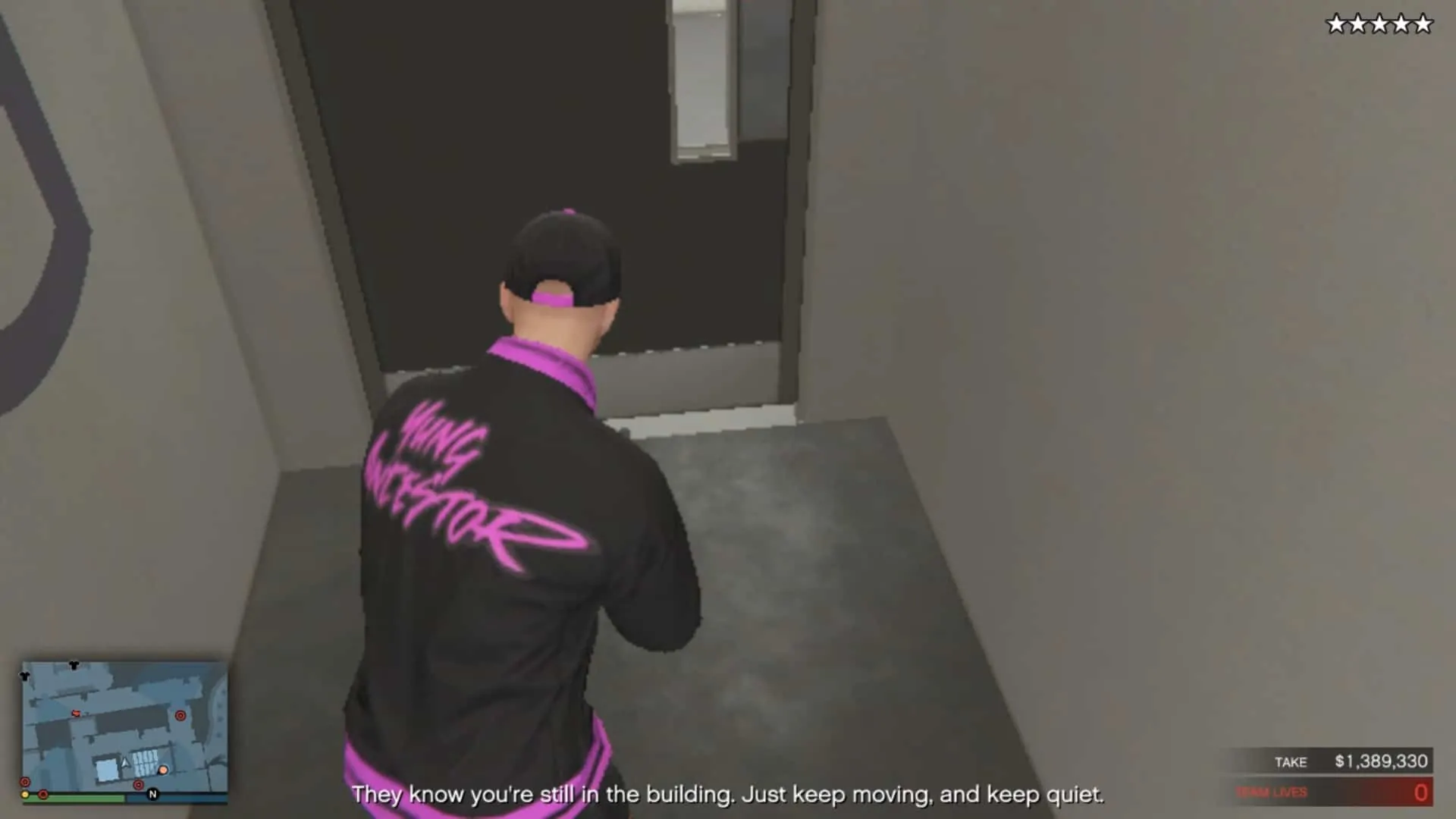 The door leading outside to the staff lobby at the top of the stairs