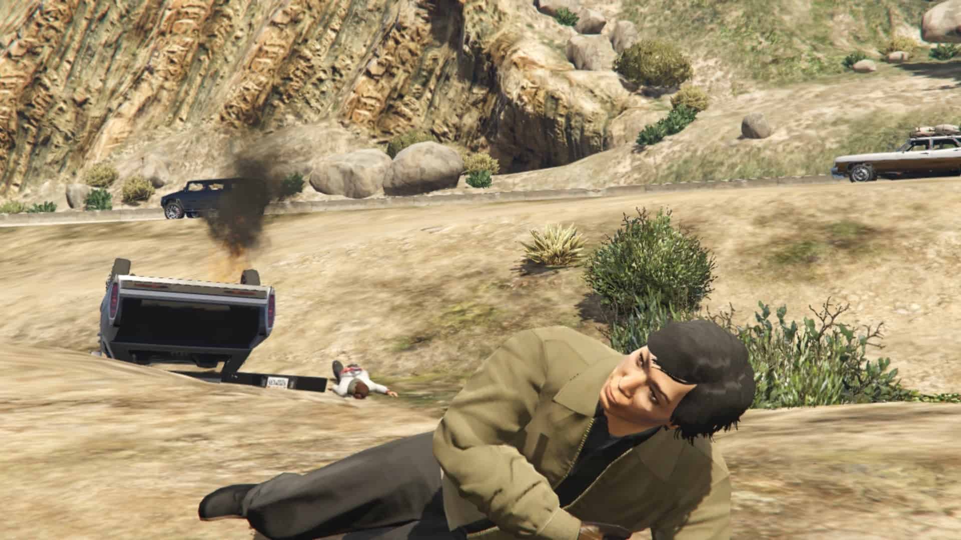 Injured Taliana Martinez with her crashed car in the back and a dead crew member