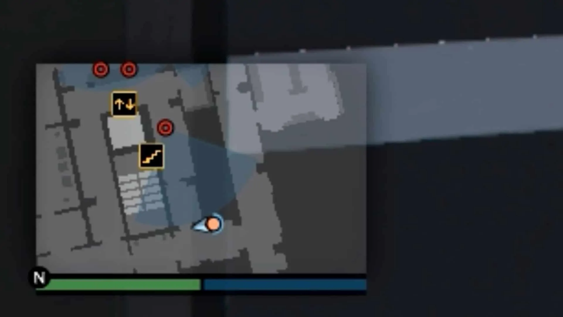 The guard's vision cone towards the players' point of entry