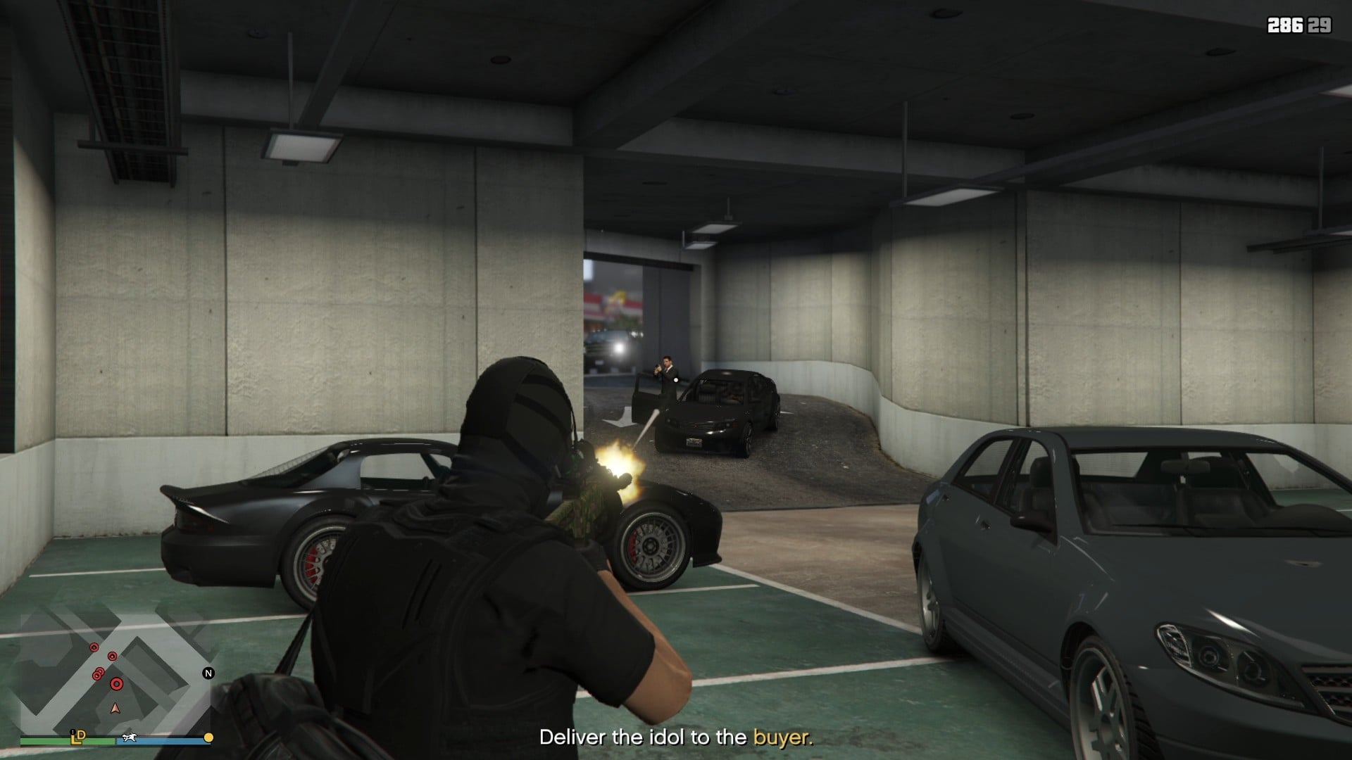 Fighting the security in the parking garage of the building.