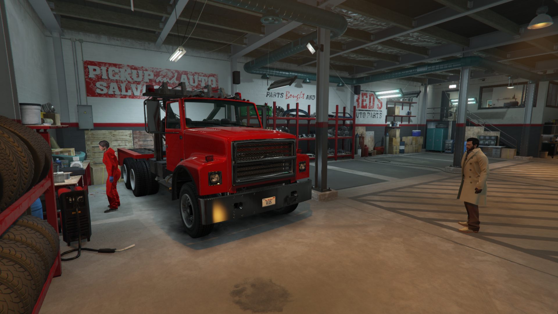 Tow truck inside the salvage yard.