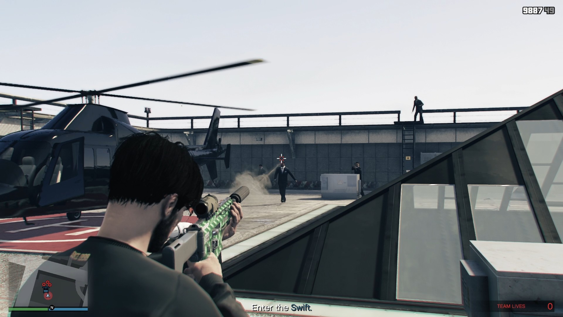 Try to be as quick as possible when eliminating these few agents on the roof.