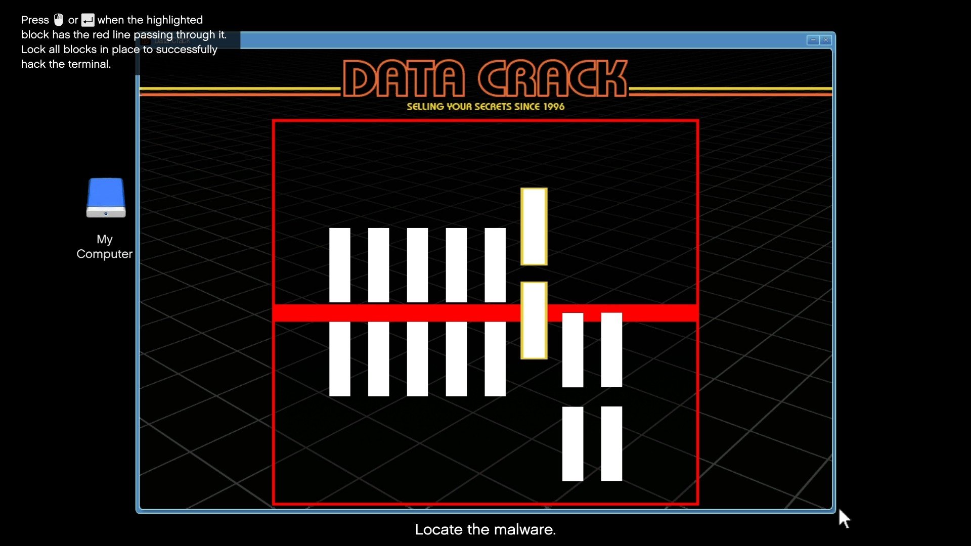 Aligning space of the white blocks with the red line to successfully hack the keypad.