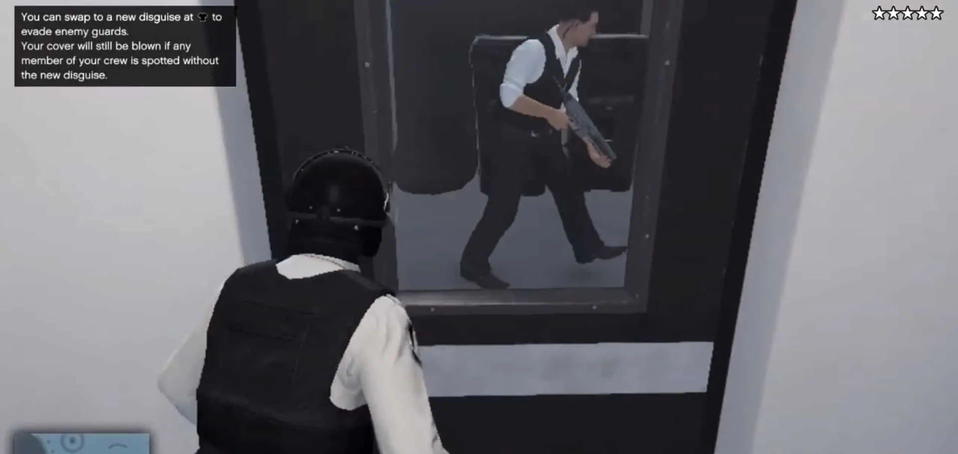 Waiting as the second guard passes by the door