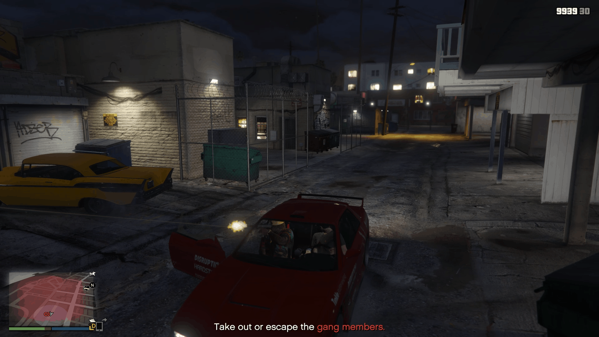 GTA Online protagonist and Lil Dee backing out of the gang hideout alley
