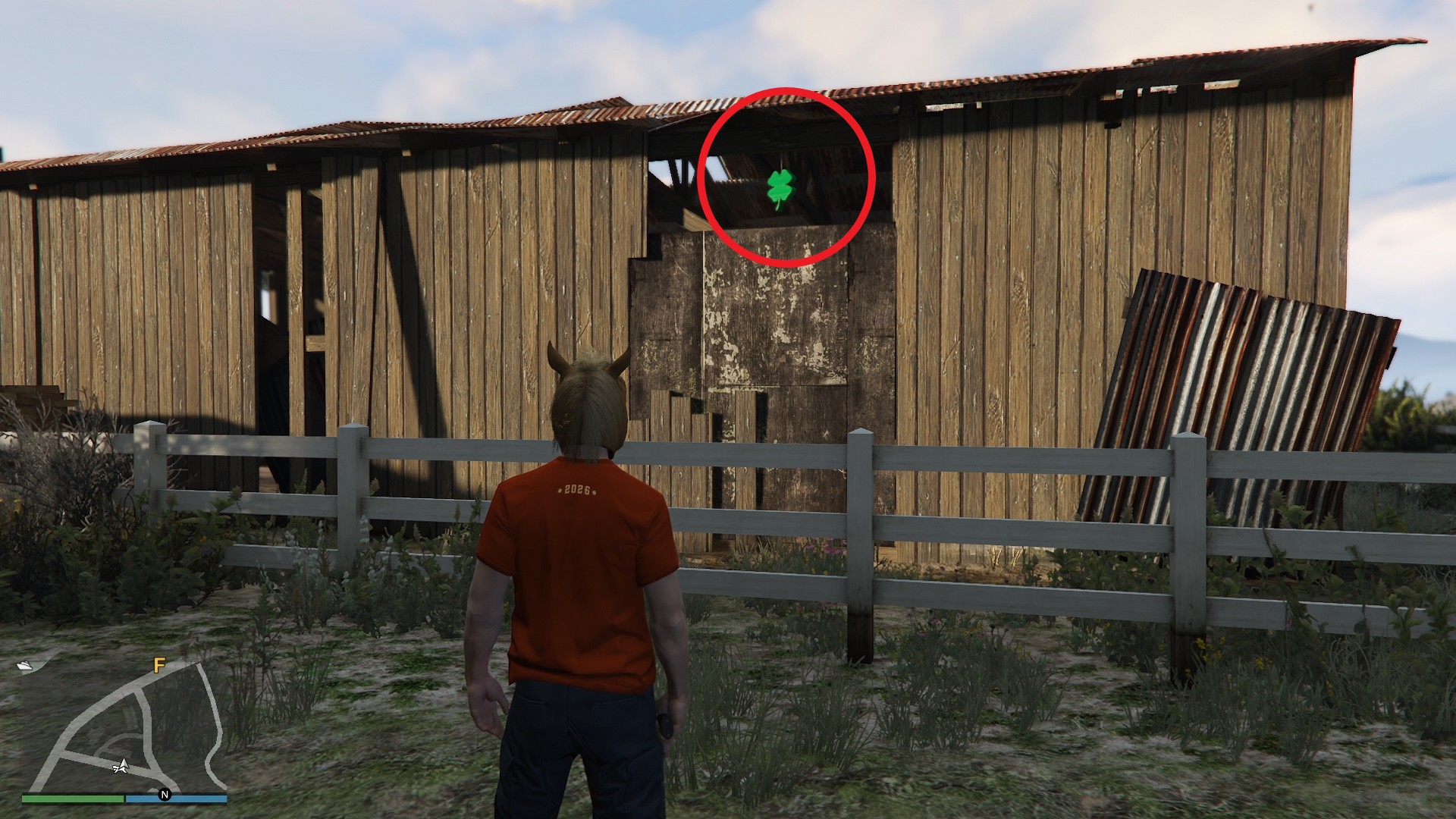 The lucky clover is hanging inside a barn in Grapeseed.