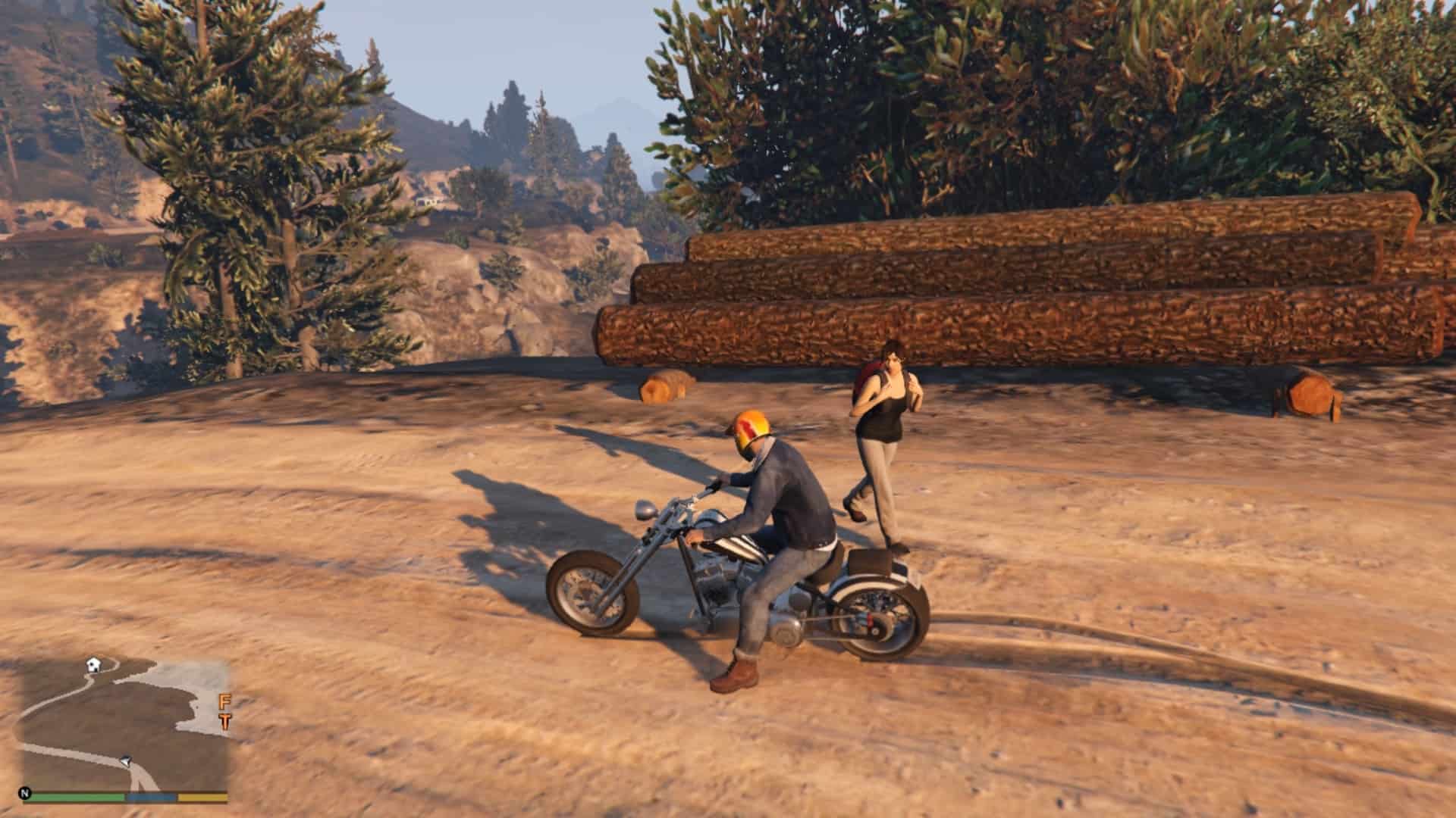 The girl at the intersection, marked in the map, by the huge logs
