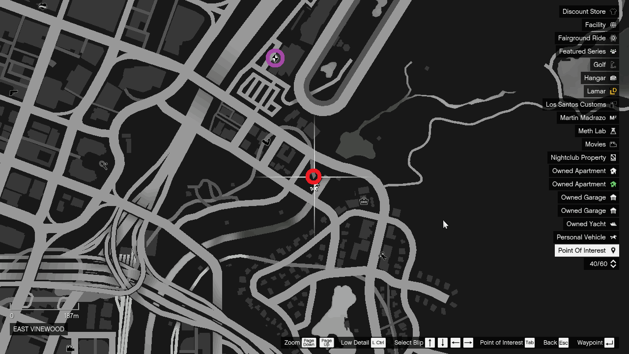 Diamond Casino & Resort (circled in Purple) and Sewer Tunnel entrance (circled in Red)