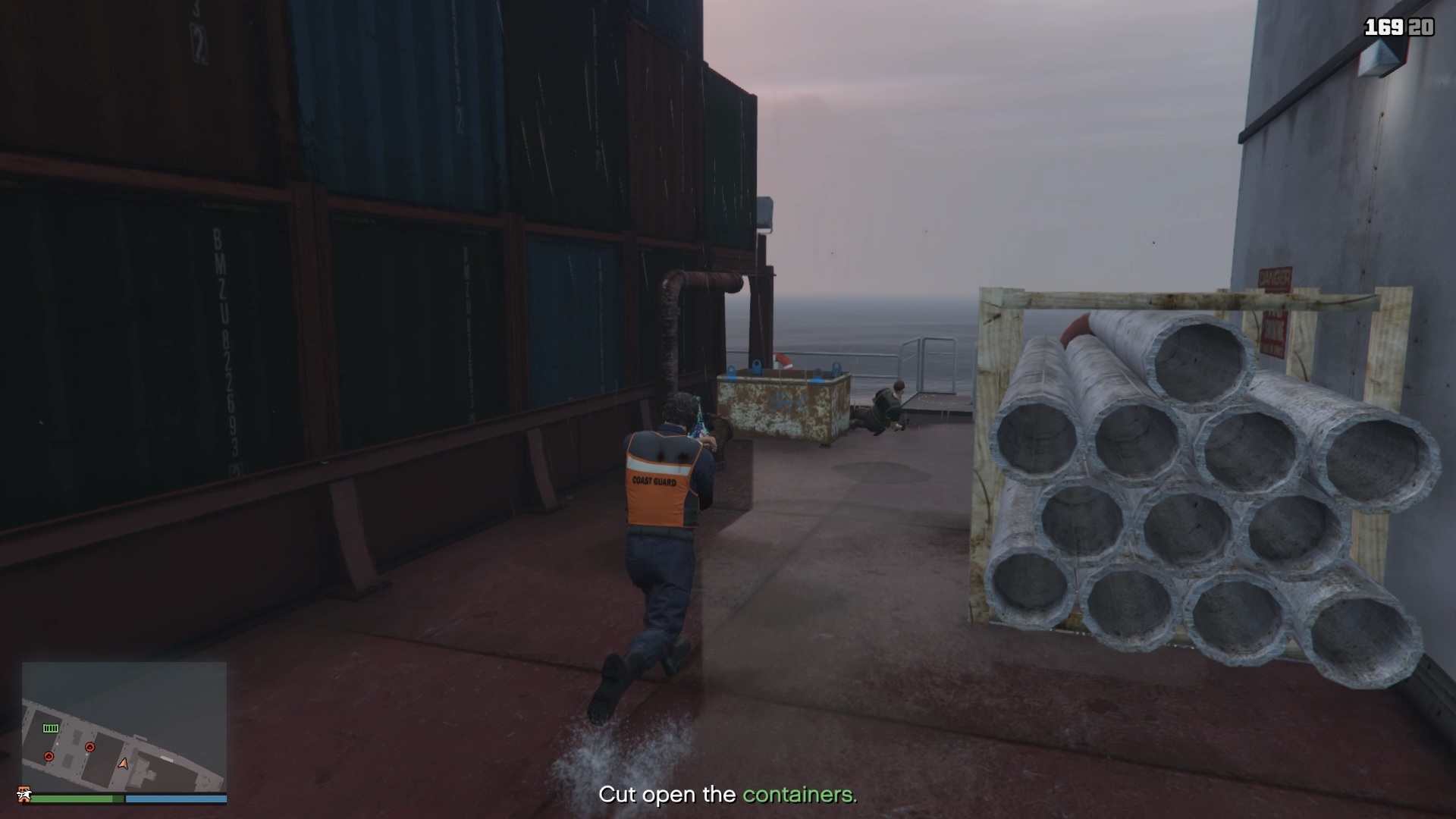 Taking the middle opening to go to the right side of the cargo ship.