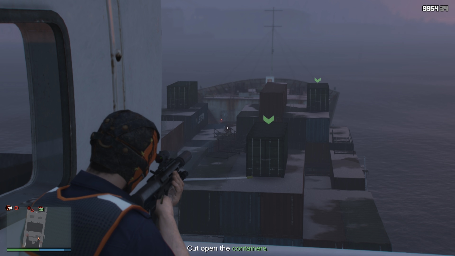 It has a pretty good view of the cargo ship.