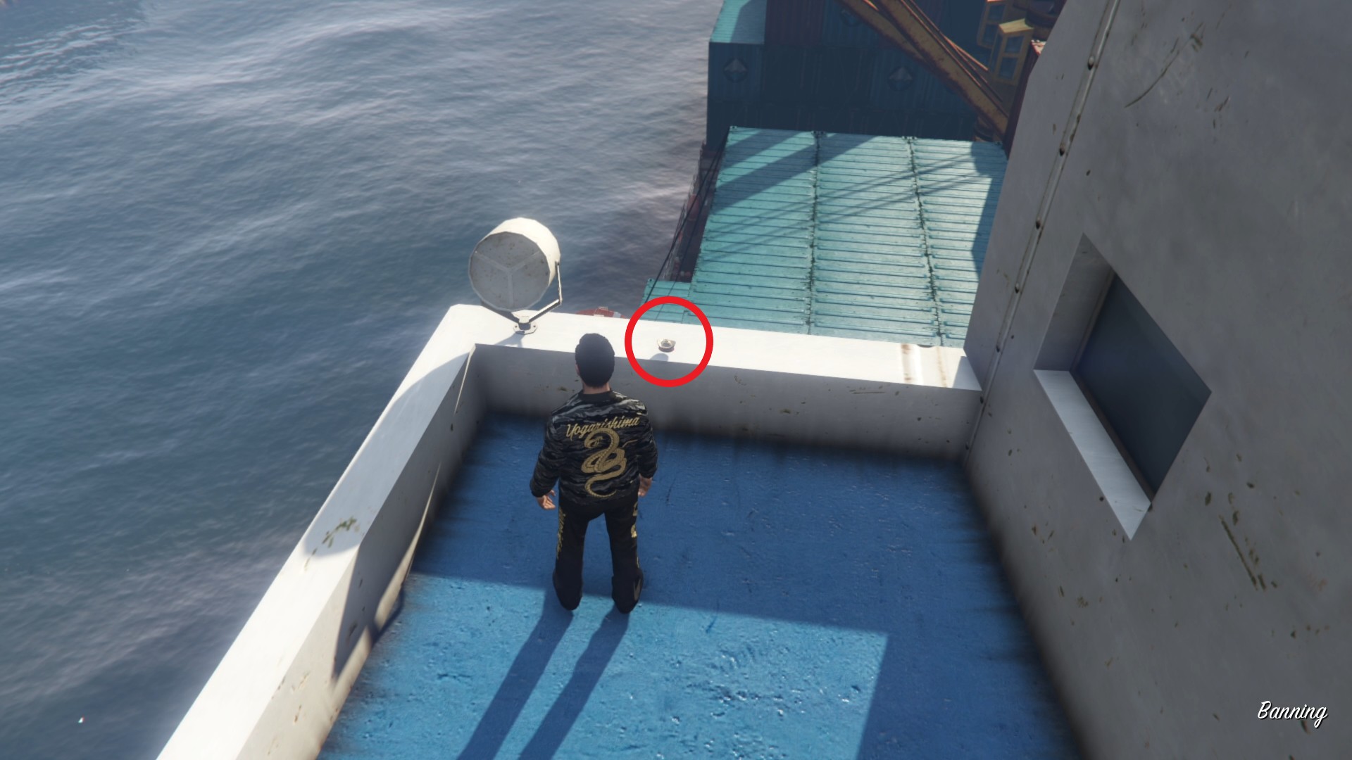 The Yuanbao on the left side of the bridge on the SS Bulker at Elysian Island.