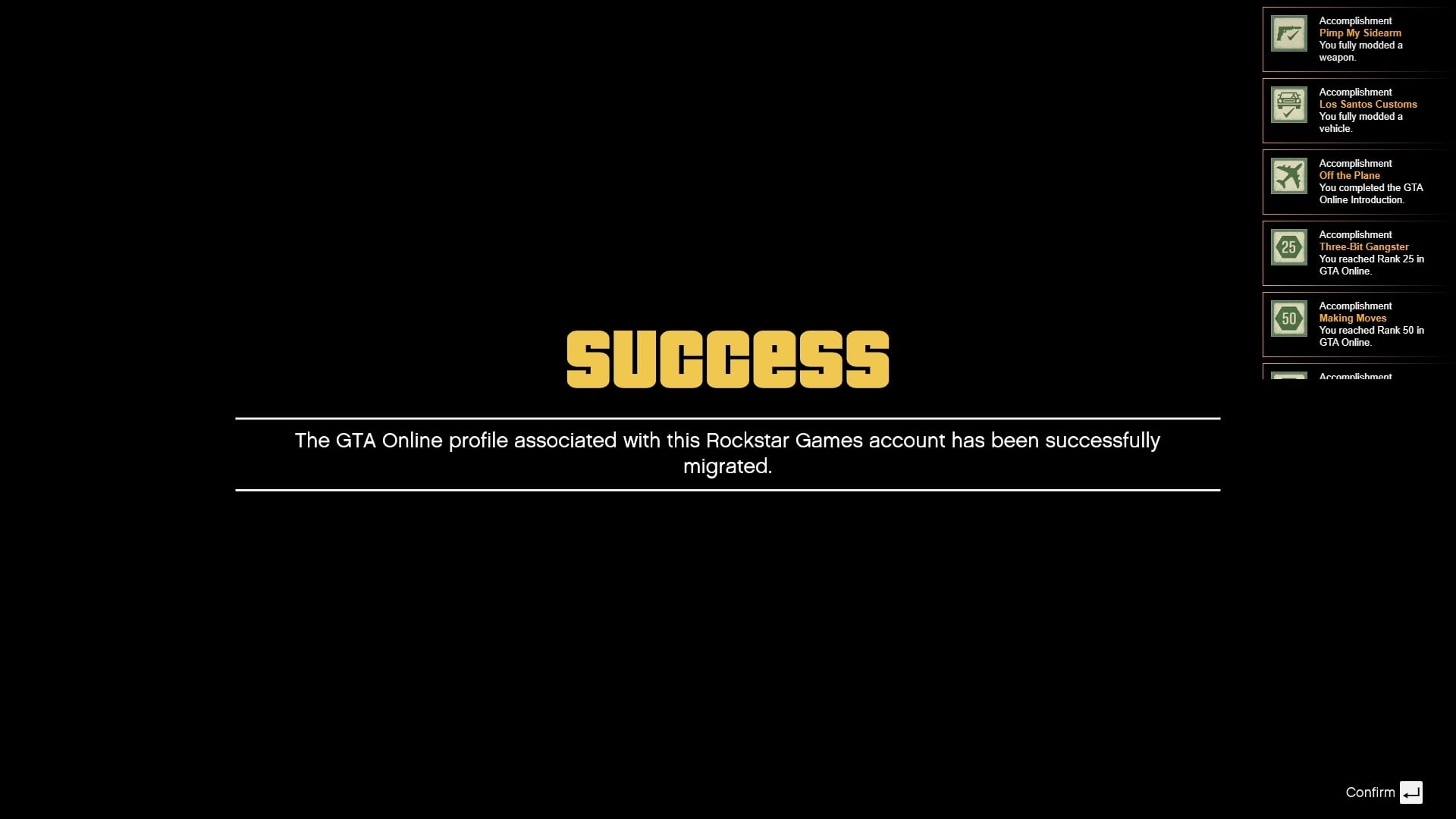 GTA Online Enhanced Migration Success Screen.