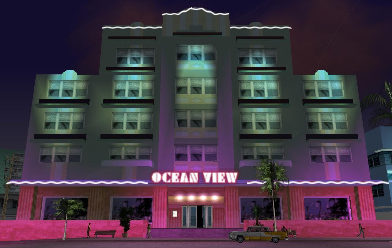 Ocean View Hotel with an Oceanic sedan parked outside as seen in 2002's GTA: Vice City.