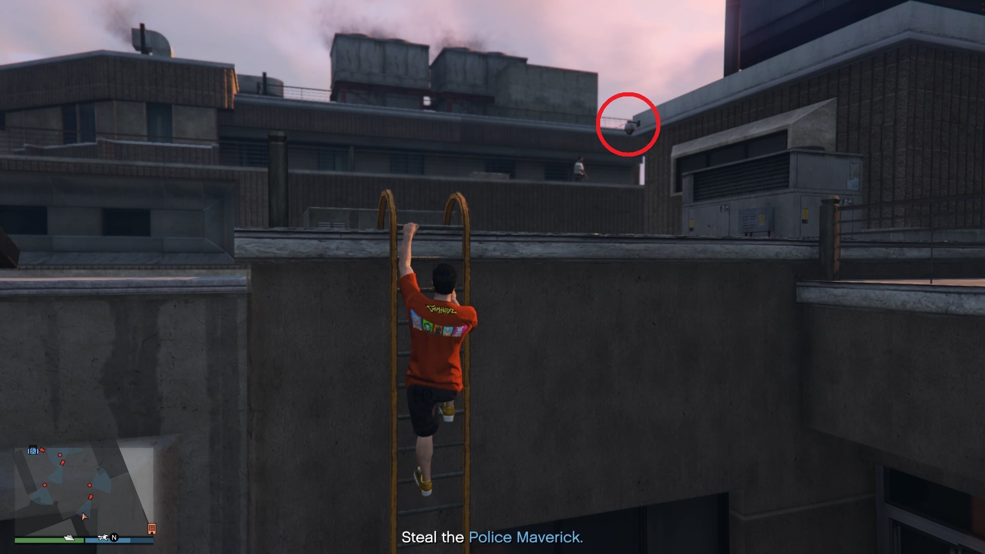 Security camera right after you climb up the ladder.